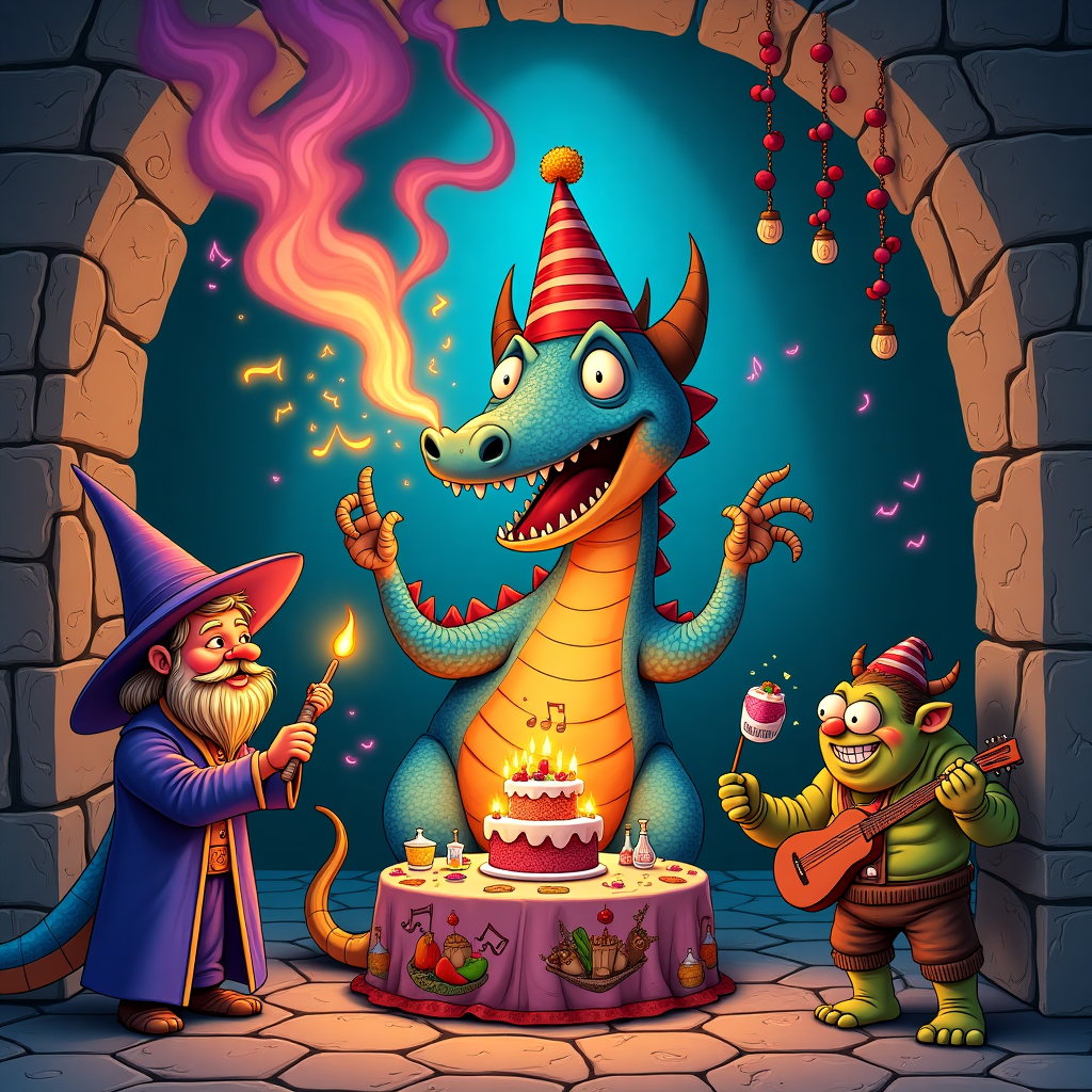 The front cover of this birthday card bursts with color and whimsical fantasy elements, all while channeling a cartoonish, playful style reminiscent of the listed artists. The scene is set in an exaggerated, fantastical dungeon room with stone walls that curve cartoonishly at the top, as if they’re about to burst with birthday excitement.

At the center of the card is a large, vividly detailed dragon, with scales in a patchwork of electric blues and fiery reds. Its eyes are comically large, with a mischievous sparkle, and it sports an oversized party hat—red and white stripes with a golden pom-pom on top. The dragon's mouth is open wide, releasing a vibrant plume of magical fire that curls and swirls, taking on shapes that suggest balloons and confetti.

Surrounding the dragon, a crew of quirky, exaggerated characters are engaged in a birthday celebration with a dark fantasy twist. On the left, a wizard with a towering, floppy purple hat and a beard that spirals down to his knees waves a wand. The wand’s tip emits a shower of colorful sparks, each spark forming a tiny, animated creature—a dancing cupcake, a laughing goblet, a cheeky candle.

In the background, there is a banquet table laden with fantastical foods: a cake shaped like a castle with tiny banners, steaming potions in glass bottles shaped like bizarre animals, and a plate of enchanted fruit that occasionally changes color. The tablecloth is a vivid tapestry depicting mythical creatures having a party.

To the right, a jovial orc with exaggerated muscles and comically small feet holds a lute, strumming it with fingers as big as sausages. Music notes float from the lute, animated and lively, with tiny eyes and wings, as if ready to join the celebration.

The floor is a checkerboard of stone tiles, some of which glow as if enchanted, adding to the magical ambiance. Above, stalactites hang like whimsical chandeliers, each one draped in garlands of glowing fungi, bathing the scene in a gentle, otherworldly light.

This birthday card captures the essence of a playful yet darkly magical celebration, weaving together elements of dungeon exploration and fantasy whimsy, perfect for a birthday adventurer at heart.
Generated with these themes: Dungeon, Dragon, Fire, Magic, and Dark Fantasy.
Made with ❤️ by AI.