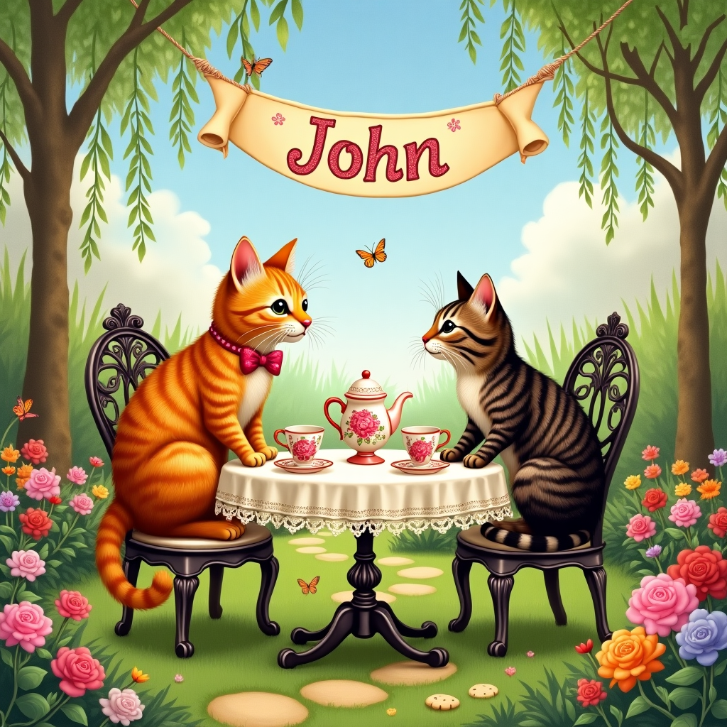 The scene is set in an enchanting and whimsical garden, reminiscent of Beatrix Potter's detailed nature settings but infused with the whimsy of Maurice Sendak's imaginative landscapes. At the center of the scene, on a vibrant, lush green lawn, is a small, intricately detailed round table set for a romantic tea party. The tablecloth is a soft cream color with delicate lace trim, reminiscent of the elegance found in Maxfield Parrish's works.

Perched on a small, ornate, wrought-iron chair is a charming ginger cat, meticulously detailed with its orange fur exhibiting swirling patterns of darker hues. The cat wears a tiny, red bowtie around its neck, adding a touch of whimsy. On the opposite chair, a tabby cat sits gracefully, its fur a tapestry of browns and blacks with distinctive stripes, wearing a small pink flower tucked behind one ear.

The table is adorned with a miniature porcelain tea set, painted with delicate rose motifs, akin to something Edward Gorey might illustrate but with a lighter touch. Scattered around the tea set are small heart-shaped cookies with intricate icing patterns, colored in pastel pinks and whites.

Above the cats, a banner unfurls between two gently swaying willow trees, written in a playful, hand-drawn font that reads "John". The letters are a patchwork of floral patterns, taking inspiration from the decorative intricacies of Aubrey Beardsley's line work.

In the background, a garden path winds its way through colorful flowerbeds filled with vibrant blooms in shades of reds, yellows, and purples, reminiscent of Norman Rockwell's idyllic Americana scenes. Butterflies flit above the flowers, their wings a kaleidoscope of colors against the clear blue sky.

The sky is a wash of watercolors, fading from a soft morning pink at the horizon to a gentle blue overhead, with a few fluffy white clouds, capturing the dreamy essence of N.C. Wyeth's skies.

Every element in the scene is rich in texture and detail, inviting the viewer to get lost in this enchanting Valentine's Day setting shared by two feline friends.
Generated with these themes: Ginger cat , and Tabby cat .
Made with ❤️ by AI.