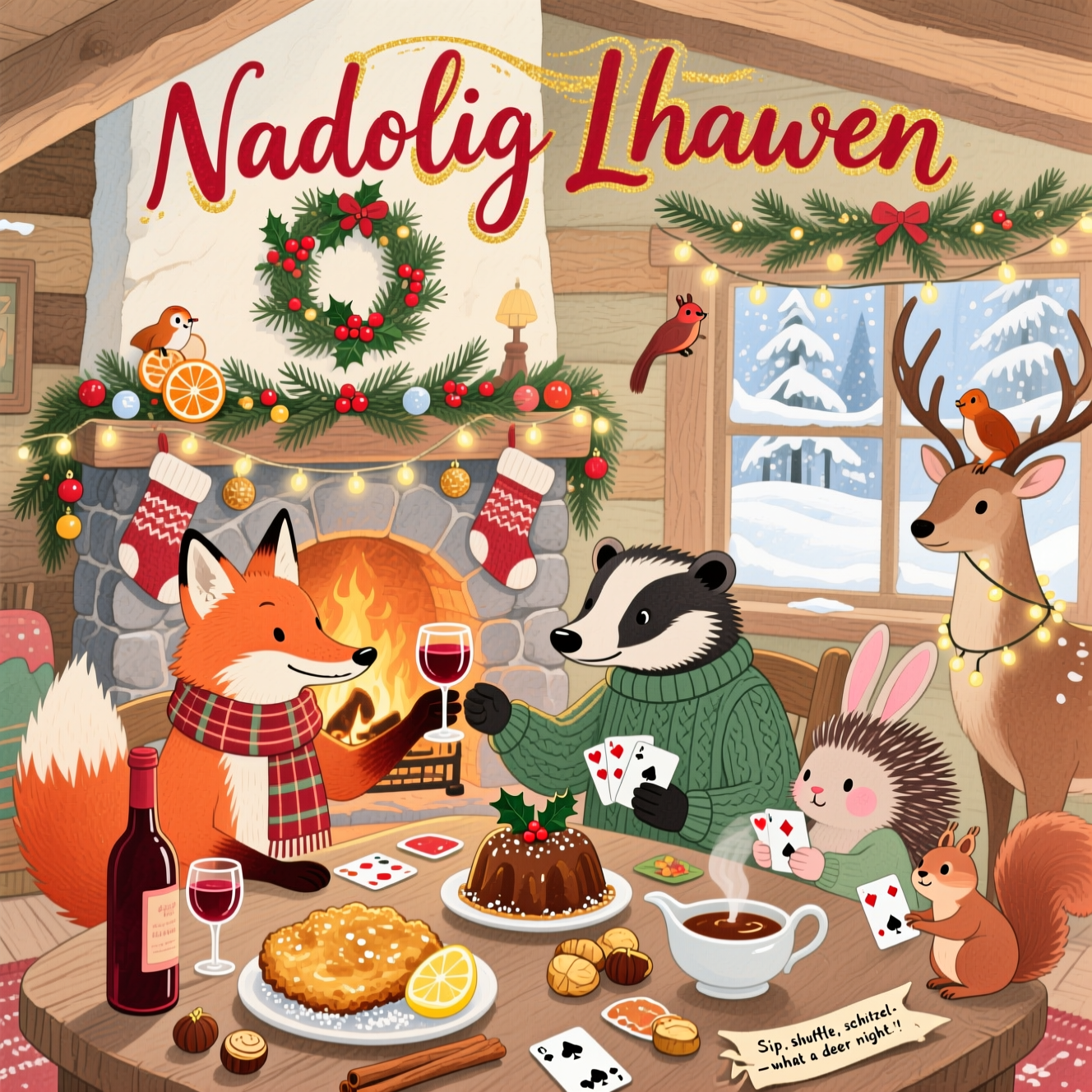 Woodland animals, Wine, Card games, Chicken schnitzel and roast potatoes, Cosy fireplace, Christmas pudding, Christmas decorations, and Christmas Card