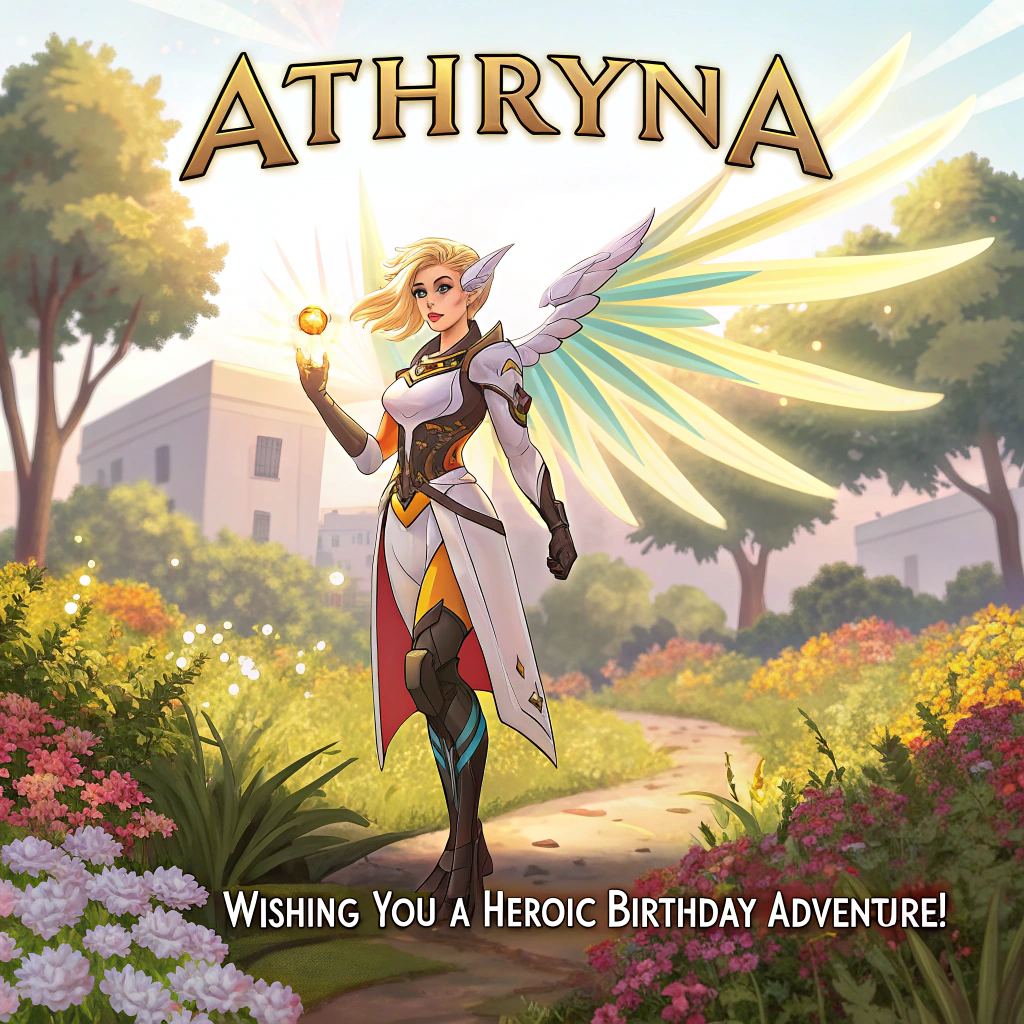 At the top of the image, "Athryna":

At the bottom, in smaller, equally elegant font, add "Wishing You a Heroic Birthday Adventure!"

- In the center of the image, feature Athryna dressed as Mercy from Overwatch, standing proudly in a lush, vibrant garden. Her costume is a perfect blend of armor and ethereal wings, glimmering in the sunlight.

- In her hand, she holds a beautifully wrapped present, the bow reflecting the colors of the rainbow. The gift appears to be emitting a soft, magical glow, as if enchanted with good wishes.

- Surrounding Athryna, a gathering of cute woodland creatures, including a curious squirrel and a wide-eyed rabbit, gaze up at her in admiration, as if they are part of her birthday adventure team.

- A small table nearby holds a whimsical birthday cake adorned with miniature versions of Overwatch characters crafted out of fondant, each caught in playful poses.

- In the background, a vivid sky painted with hues of pink and orange as the sun begins to set, creating an enchanting atmosphere, as fireflies begin to twinkle around, adding to the magical mood.

- Above the scene, strings of colorful bunting flutter gently in the breeze, completing the festive celebration of this special day.
Generated with these themes: Athryna as mercy from Overwatch.
Made with ❤️ by AI.