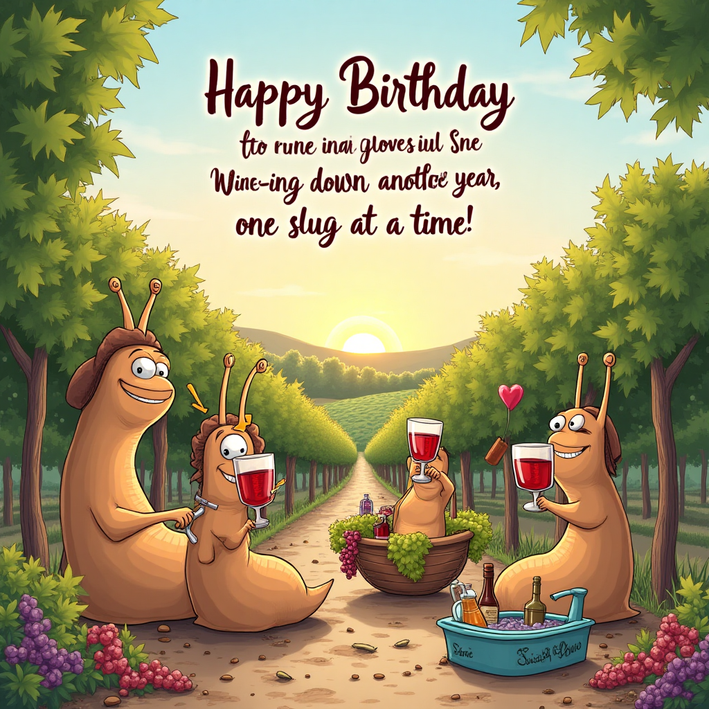 At the top of the Illustration Style image, include the text: "Happy Birthday to my good friend and colleague Sara"

**Image Description:**

Imagine a whimsical scene set in a charming French vineyard. In the foreground, a group of cheerful, cartoonish slugs are energetically "gardening," wearing tiny berets and sipping from miniature glasses of red wine. One slug, with a wide grin, is attempting to prune a grapevine with a tiny pair of scissors, while another slug seems to be relaxing in a hammock made from grape leaves, holding a bottle of wine labeled "Slug's Reserve."

In the background, you see a vibrant oasis, where the slugs have created a mini spa using garden watering cans, surrounded by flowering plants. The sun is setting over the horizon, casting a golden glow over the scene.

A handwritten, cheeky text floats above the slugs, saying: "Wine-ing down another year, one slug at a time!" 

This image is perfect for a birthday greetings card with its playful and humorous take on the themes of wine, slugs, gardening, and the French countryside.
Generated with these themes: Wine, Slugs, Gardening, France, Oasis, and .
Made with ❤️ by AI.