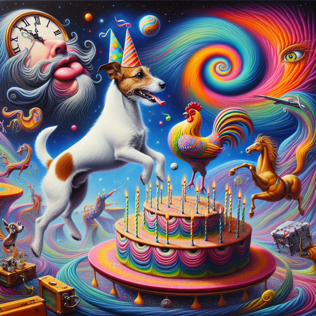 Craft a surreal imagery reminiscent of dreamscapes unfurling during Salvador Dali's time, predominantly characterized by melting timepieces and levitating islands. In the middle of this eccentric environment, place a jubilant birthday party. A Jack Russell terrier, donned with a small celebratory cap, adroitly balances itself on two paws on the back of an exuberantly colored horse with an effulgent mane swirling into a design similar to an astral vortex. A capricious chicken, decorated with colorful windings, is curiously pecking at a multilayered cake sprinkled with cosmic dust wobbling on a merry-go-round of luggage, symbolizing the delightful exploration and learning that accompany the passing of each year.
Generated with these themes: Jack Russell , Horse , Chicken, Cake, and Travel.
Made with ❤️ by AI.