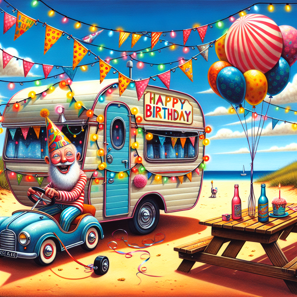A vibrant and quirky birthday-themed illustration showing a merry caravan embellished with strings of gleeful multicolored lights and bunting flags. It's parked under an unclouded azure sky, situated next to a sandy beach. A table set out for a leisurely picnic bears a festive-dressed bottle, enhancing the party mood. In the forefront, a jovial character of unspecified descent and gender, is steering a toy car towards the caravan, with a stream of balloons swaying in the breeze trailing behind, adding to the joyous ambience.
Generated with these themes: Bacardi, Caravan, and Driving.
Made with ❤️ by AI.