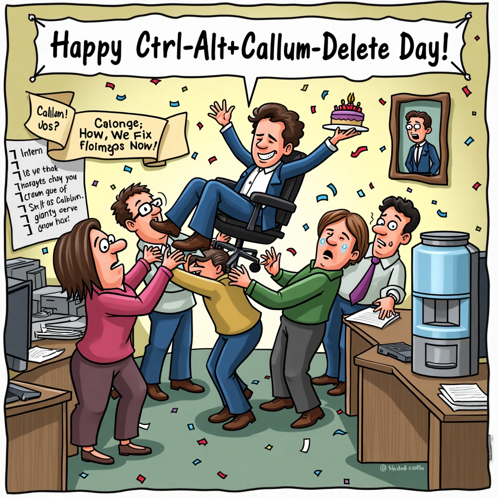 **Prompt for Image:**

At the top of the cartoon image, "Happy Ctrl+Alt+Callum-Delete Day!"

A chaotic, hilarious cartoon office scene where all the employees are mid-celebration—paperwork flying, confetti shooting from printers, a cake shaped like a swivel chair, and Callum being carried out triumphantly on a rolling office chair by a conga line of overworked coworkers. One intern is crying tears of joy while shredding a giant ‘To Do’ list titled “Callum’s Jobs.” A manager clutches a phone labeled “How Do We Fix Things Now?” while staring in panic. On a wall, there’s a crooked banner that reads “So Long, Coffee Thief!” A framed photo of Callum hangs over the water cooler… now draped in black.
Generated with these themes: Office.
Made with ❤️ by AI.