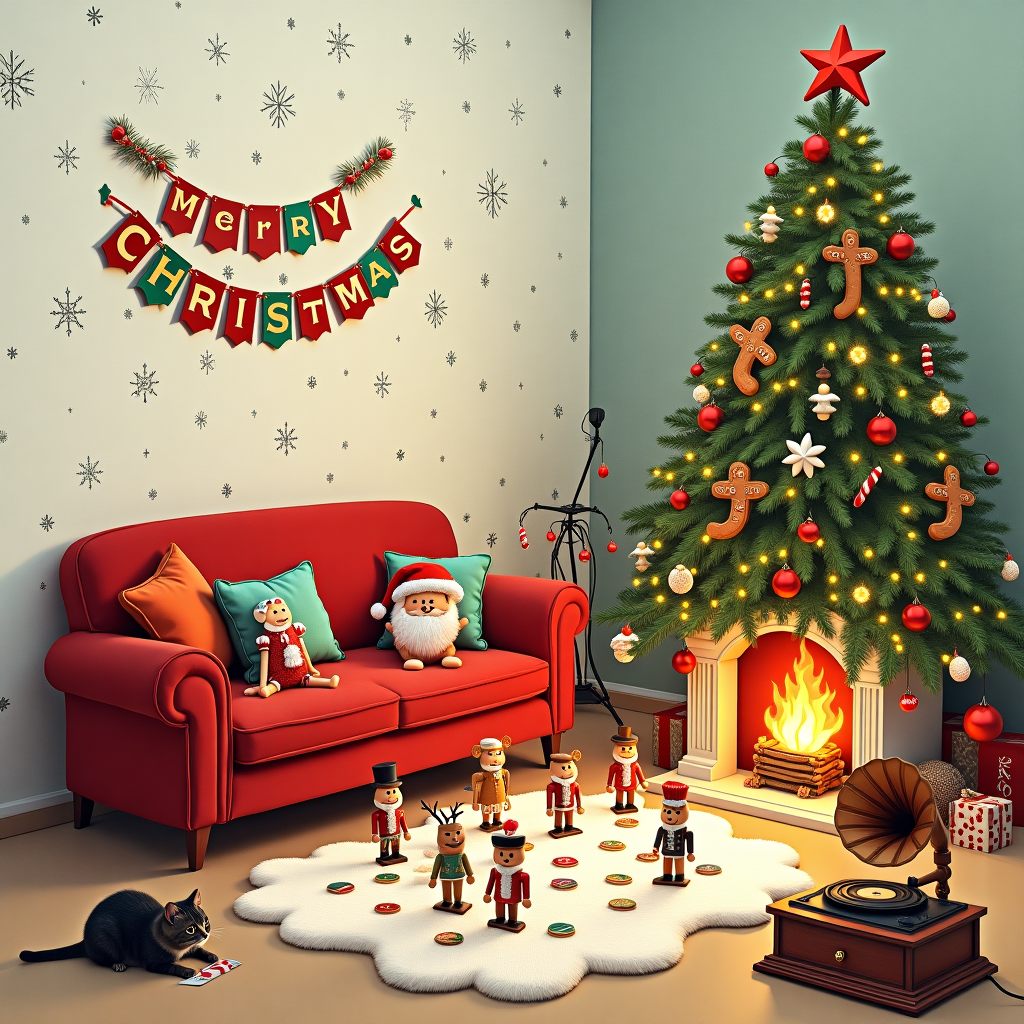 In this whimsically crafted Christmas card scene, picture a cozy living room adorned with all the festive trimmings of the holiday season. A plush, red velvet sofa sits prominently in the center, embellished with decorative throw pillows that resemble oversized candy canes and gingerbread men. The wallpaper is a snowy white, with subtle patterns of delicate snowflakes that glisten as if kissed by the winter sun. A grand Christmas tree stands majestically beside the sofa, its branches festooned with twinkling fairy lights, vibrant baubles, and tinsel that catches the light in dazzling bursts. Perched atop the tree is an unusual star—a cheerful gingerbread star with a cheeky smile.

Nestled in front of the sofa is a faux bear rug, where an assortment of nutcracker dolls are engaged in a playful game of Twister, their rigid limbs humorously twisted in various directions. Above the fireplace, which is crackling with a welcoming fire, hangs a peculiar banner made from garlands and gingerbread cookies. The banner spells out "Merry Christmas, [Recipient's Name]" in vibrant icing colors, adding a personalized touch to the scene.

To the side, an old-fashioned gramophone, spinning a festive record, projects a hologram of dancing sugar plum fairies into the room, their ethereal forms shimmering with each pirouette. On the coffee table, a plate of cookies and a glass of milk are left for Santa, but a note from the resident family humorously apologizes, stating, "Santa, we ate the cookies, but here's a glass of eggnog instead!" Meanwhile, the family cat, wearing a reindeer antler headband, curiously peers from behind the sofa, eyeing a cheeky mouse that is cheekily nibbling on a candy cane. The scene is bustling with detail and delight, promising laughter and joy to the recipient of this uniquely festive greeting.
Generated with these themes: christmas livingrom with sofa.
Made with ❤️ by AI.