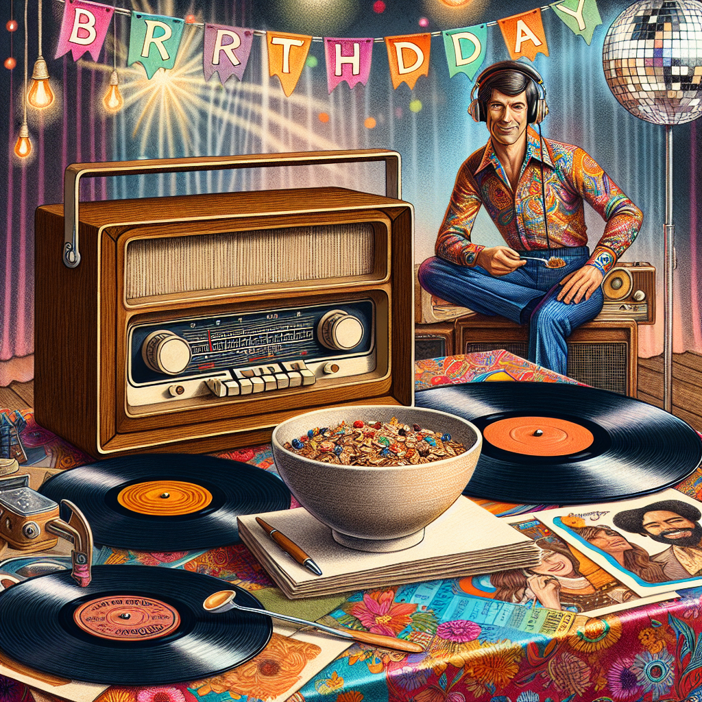 Design a birthday-themed illustration that takes the viewer back to the retro 70s era. The primary subject is an old-fashioned wooden radio perched on a table covered with a vibrant tablecloth. Around it, you'll find vintage vinyl records strewn in a casual yet aesthetically pleasing manner. Nestled among these records, there should be a bowl overflowing with nutritious muesli, adding an element of surprise to the arrangement. The backdrop displays the lively atmosphere of a 70s style party, showcasing a Caucasian male DJ in eclectic, retro attire, gracefully spinning records beside a shining disco ball, filling the room with nostalgic melodies and rhythms.
Generated with these themes: Radio, Vinyl records, 70s, Muesli, DJ, and Music.
Made with ❤️ by AI.