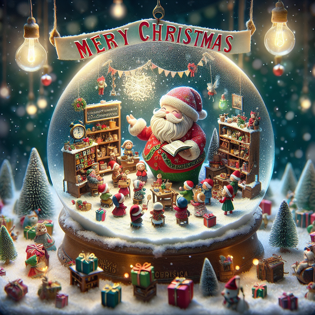 A whimsical scene captures the essence of the festive season. At its heart, a snowglobe cradles a miniature classroom, where Santa Claus is the teacher, his students an eager group of elves. Outside the globe, soft snowflakes are settling, while wrapped gifts in vibrant hues dot the landscape. Above, the phrase 'Merry Christmas' is inscribed in cheerful, bold letters, adding a verbal expression of the holiday joy that visually unfolds.
Generated with these themes: a snowglobe with santa teaching a class inside. There is snow and presents and holiday cheer.
Made with ❤️ by AI.