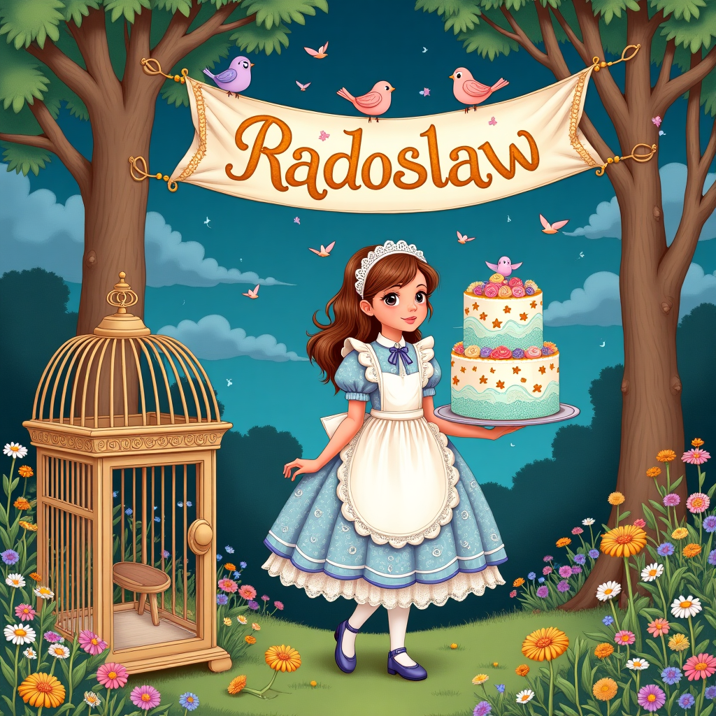 **Front Cover Illustration Description:**

Imagine a whimsical garden scene, bursting with vibrant, eye-catching details. At the center stands a charming femboy, dressed in an ornate, frilled maid dress. The dress is a kaleidoscope of pastels—soft pinks, gentle lavenders, and powder blues—with intricate lace patterns reminiscent of Beatrix Potter's delicate details. The femboy's hair is styled in wavy locks that cascade down to their shoulders, with a cute, lacy headband perched atop.

**Foreground Details:**

To the left, a large, ornate Victorian-style birdcage, its door open, with pastel-colored birds perched around the rim. The birds are finely detailed, with feathers in hues of turquoise, coral, and sunflower yellow. 

In the femboy's hand is a silver serving tray, where a two-tiered cake sits. The cake is whimsically decorated, each layer frosted in swirling patterns of pastel blue and white, dotted with edible gold stars and tiny sugar roses. Across the top layer, in curly, artistic lettering made from icing, is the name "Radoslaw."

**Background Elements:**

The background is a vibrant, hand-drawn garden scene. A tapestry of verdant greens makes up the lush foliage, with towering trees inspired by Arthur Rackham's twisty, mythical style, their branches forming archways above. Colorful wildflowers pepper the grassy ground—think dainty daisies, cheerful marigolds, and regal violets.

The sky is an Edward Gorey-esque twilight, a blend of twilight purples and deep blues, speckled with swirling clouds that appear almost sentient, whimsically hinting at faces and forms within. 

Across the top of the illustration, a whimsical banner is strung between two trees. It is a grand affair, with intricate patterns in golden thread, bearing the word "Radoslaw" in bold, swirling calligraphy reminiscent of Aubrey Beardsley's ornate designs.

**Side Elements:**

Scattered around the scene are charming woodland creatures—a rabbit wearing a tiny waistcoat, a hedgehog peeking from behind a mushroom, and a fox napping in the dappled sunlight. Each animal is rendered in the illustrative style of Maurice Sendak, imbued with texture and character.

This scene captures the spirit of a fantastical birthday celebration, combining rich, detailed visuals with a touch of surreal charm.
Generated with these themes: femboy in maid dress.
Made with ❤️ by AI.