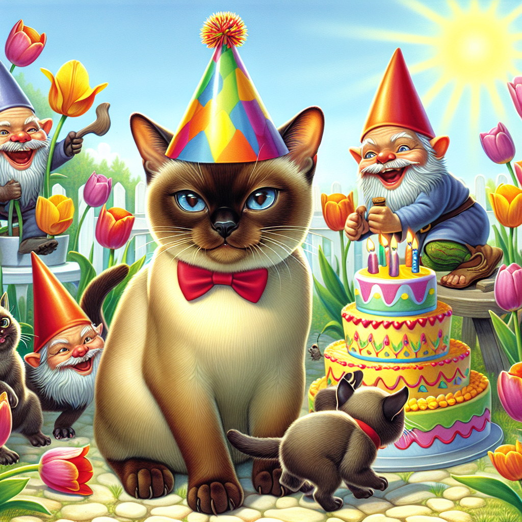 Create an image depicting a joyous setting with a light brown Burmese cat donning a vibrant party hat at the center. This center figure is surrounded by smaller dark brown Burmese kittens playfully romping around amidst brightly colored tulips. In the sunny background, illustrate a pair of humorous gnomes engaged in a comedic effort to stack a whimsically designed birthday cake. There's also a merry frog, wearing a bow tie, in the quaint scene, seemingly preparing to jump into the jubilant festivity.
Generated with these themes: Light brown burmese cat, Small dark brown burmese cat, Sunshine , Tulips, Frog, and Funny gnomes.
Made with ❤️ by AI.