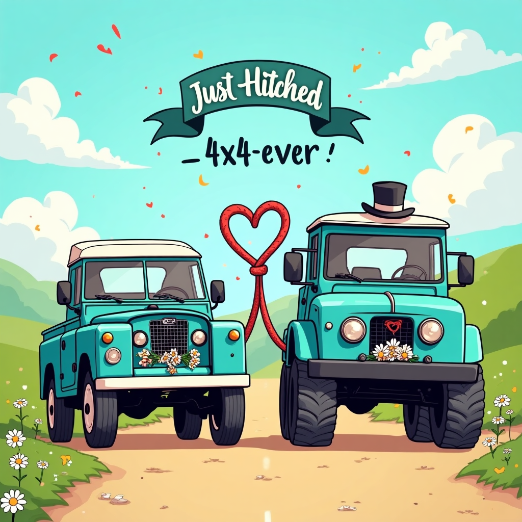 Playful 2D cartoon scene with thick black outlines and bright, saturated colors. Center frame, slightly low angle for exaggeration. A vintage blue Land Rover pickup (boxy cab, short bed, chunky tires, white roof) and a tall turquoise Unimog (cab-over shape, huge wheels, portal-axle stance) are anthropomorphized as a newlywed couple. The two trucks lean toward each other with big smiling grilles, blushing headlight “cheeks,” a tiny veil on the Land Rover’s mirror and a mini top hat on the Unimog’s. Their front tow hooks are tied together by a bright red tow strap knotted into a large heart-shaped bow—“tying the knot.” Flower garlands drape their grilles, tin cans dangle and clatter from the back, confetti and petals swirl around them, and puffy heart-shaped dust clouds and cartoon motion lines add bounce and energy. Background: sunny blue sky, rolling green hill with simple daisies; clean, uncluttered backdrop to keep focus on the duo. Cel-shaded, flat color blocks, crisp vector feel, whimsical proportions.

Add small on-image text: “Just Hitched—4x4-ever!”
- Placement and style: one short hand-lettered line on a little curved ribbon banner floating above the trucks; chunky lettering, white fill with teal outline and soft drop shadow.
- No other text, labels, or logos anywhere.
Generated with these themes: Blue Landrover pickup, Turquoise unimog, and .
Made with ❤️ by AI.