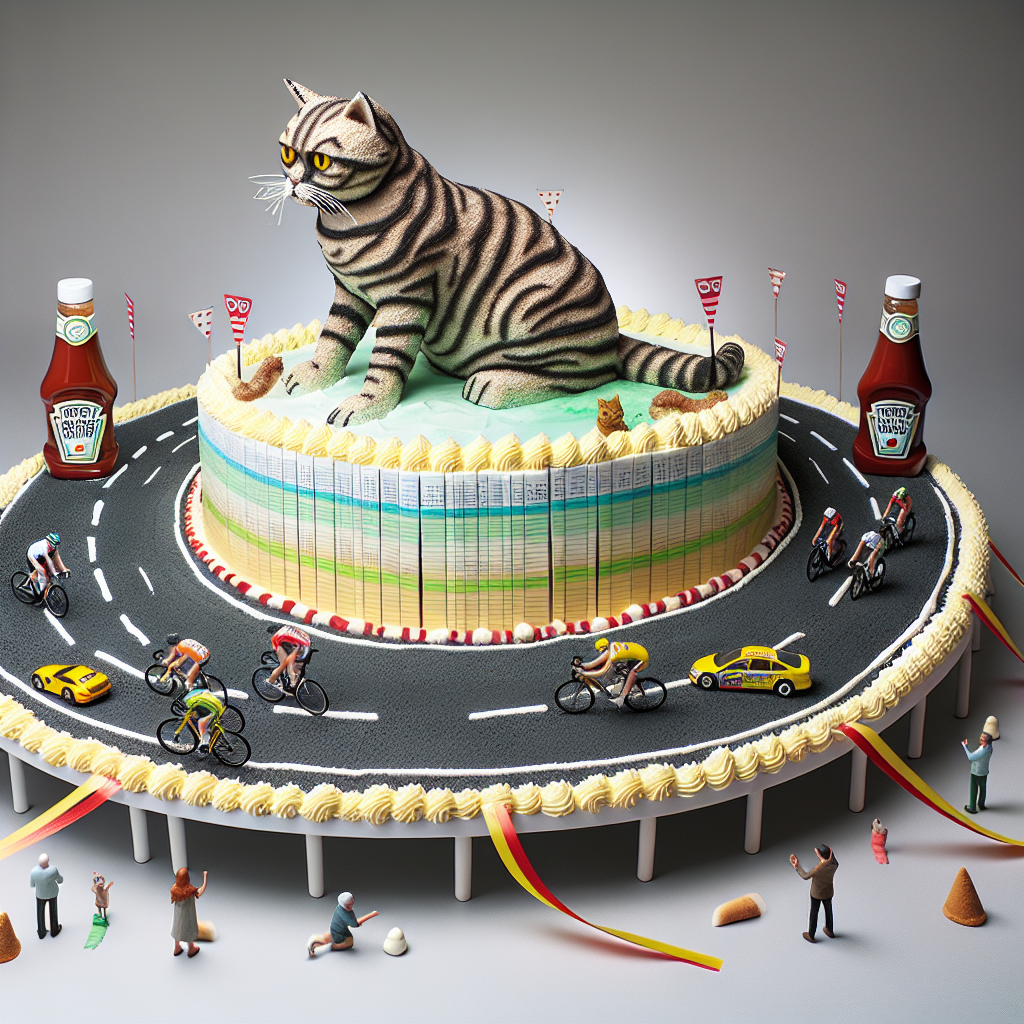 Envision a birthday scene with elements of surrealism. In the center, there is a life-sized tabby cat constructed from carefully arranged data sheets, with rows and columns meticulously shaping its form. Surrounding the cat, a miniature road cycling race occurs, with tiny cyclists navigating through dips and bends, all set up on a massive birthday cake. The cake mimics a road patch with frosting skillfully applied to mimic tarmac. Adding to the unconventional aspects of the scene, ketchup bottles serve as checkpoints for the race, with flowing ribbons of various colors marking the course layout.
Generated with these themes: Tabby cat, Road cycling, Data spreadsheets, Cycling race, and Ketchup.
Made with ❤️ by AI.