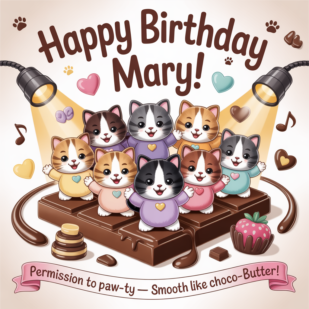 At the top of the Illustration Style image, "Happy Birthday Mary!"

At the bottom of the Illustration Style image, "Permission to paw-ty — smooth like choco-butter!"

- Central scene: Seven adorable, chubby kittens performing synchronized K‑pop dance moves on a glossy, giant chocolate-bar stage. They wear pastel stage outfits (butter-yellow, blush pink, lavender, mint) with tiny headset mics and heart/paw patches; expressive, happy faces.
- Surroundings: Warm golden spotlights, confetti shaped like music notes and chocolate chips, heart and paw-shaped foil balloons, and little stacks of truffles and cocoa-dipped strawberries. A silky ribbon of melted chocolate swirls around the stage for extra motion and cuteness.
- Text treatment: 
  - Headline big and bold in playful hand-lettering with subtle chocolate-drip accents and tiny paw-print sprinkles; soft drop shadow for readability.
  - Punch-line as a single short line in a lively script on a curved ribbon that resembles a chocolate wrapper.
- Style notes: Hand-drawn illustration with fine linework and textured brush strokes; softly textured paper feel; balanced composition that lets the headline and punch-line steal the show; warm, expressive palette of cocoa browns, caramel golds, blush pinks, lavender, and butter-yellow.
- Lighting: Cozy, golden glow with gentle sparkles; soft, rounded shadows for a cute mood.
- Keep it clean: No logos or extra text beyond the two lines.
Generated with these themes: Cats, BTS, chocolate, and .
Made with ❤️ by AI.