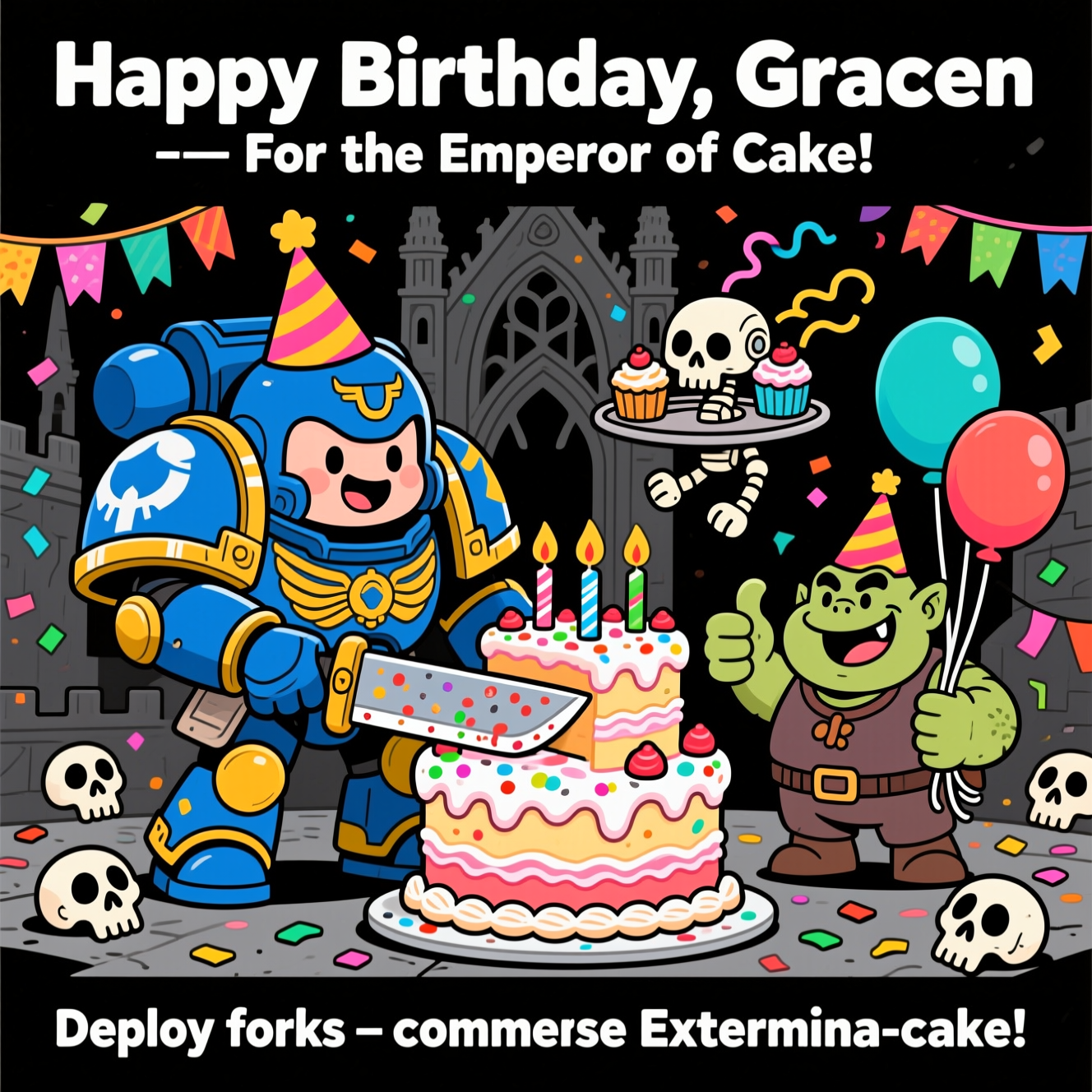 At the top of the Cartoon Style image, "Happy Birthday, Gracen — For the Emperor of Cake!"

At the bottom of the image, "Deploy forks — commence Extermina-cake!"

- In the center, depict a playful, Warhammer 40k–inspired cartoon scene: a chibi Space Marine in oversized blue-and-gold power armor with chunky shoulder pads and purity-seal ribbons, wearing a goofy party hat, triumphantly poised to slice a towering gothic cathedral–shaped birthday cake with a sprinkles-dusted chainsword as a cake knife.
- Beside them, a grinning, chubby cartoon Ork in a tiny party hat clutches bright balloons and offers a thumbs-up, while a cute servo-skull floats by with a tray of cupcakes and streamers.
- The cake bristles with candle “turrets,” frosting crenellations, and fondant skulls; confetti and colorful banners transform the grimdark into party-bright.
- Style: playful cartoon, exaggerated proportions, thick black outlines, bright saturated colors, whimsical, energetic poses, high contrast, clean composition with clear space for the top and bottom text. No gore, just joyful chaos and frosting.
Generated with these themes: Warhammer 40k, and .
Made with ❤️ by AI.