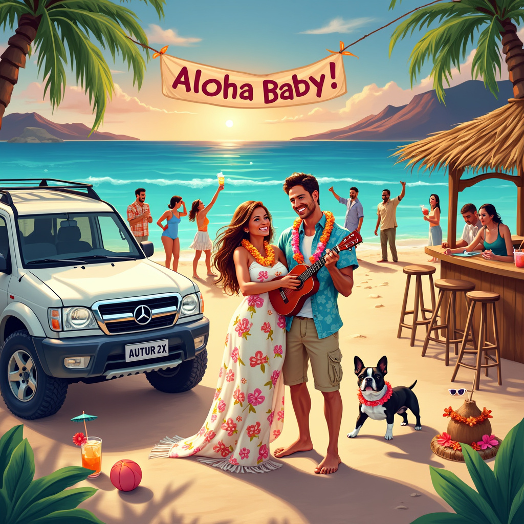 The scene captures a joyful Hawaiian beach celebration in honor of a new baby. The setting is a vibrant, sun-kissed beach with crystal-clear turquoise waters lapping against the shore. To the left, there is a luxurious white Mercedes parked next to a rugged blue Toyota 4Runner, both adorned with colorful Hawaiian leis draped over their hoods.

In the center of the scene, a joyous couple is depicted, the mother cradling their new baby swaddled in a soft, pastel-colored blanket with hibiscus flower patterns. The father stands beside her, holding a traditional ukulele, ready to serenade their newborn. Both parents are dressed in traditional Hawaiian attire – the mother in a flowing, floral-printed dress and the father in a classic Hawaiian shirt and khaki shorts.

A lively Boston Terrier, wearing a tiny grass skirt and a lei around its neck, dances playfully near the parents, its eyes sparkling with excitement. Surrounding the couple, their friends and family are gathered in a semi-circle, each holding festive tropical drinks with little umbrellas and pineapples.

Palm trees with coconuts frame the background, and a wooden tiki bar stands to the right, complete with bamboo stools and a thatched roof. A banner overhead reads “Aloha Baby!” in bright, cheerful letters adorned with flowers. Nearby, a sandcastle in the shape of a traditional Hawaiian luau hut is meticulously crafted, complete with mini palm trees made from twigs and leaves.

Scattered around the scene are playful elements that add to the festive atmosphere: a surfboard leaning against one of the palm trees, a beach ball, and a pair of baby-sized sunglasses perched on a tiny beach towel. The sky above is a gradient of warm oranges and pinks, hinting at a spectacular Hawaiian sunset. 

The entire illustration brims with vibrant colors, intricate details, and a touch of whimsy, capturing the essence of love, celebration, and the tropical paradise of Hawaii.
Generated with these themes: Love, Hawaii, Mercedes, Toyota 4Runner , and Boston terrier.
Made with ❤️ by AI.