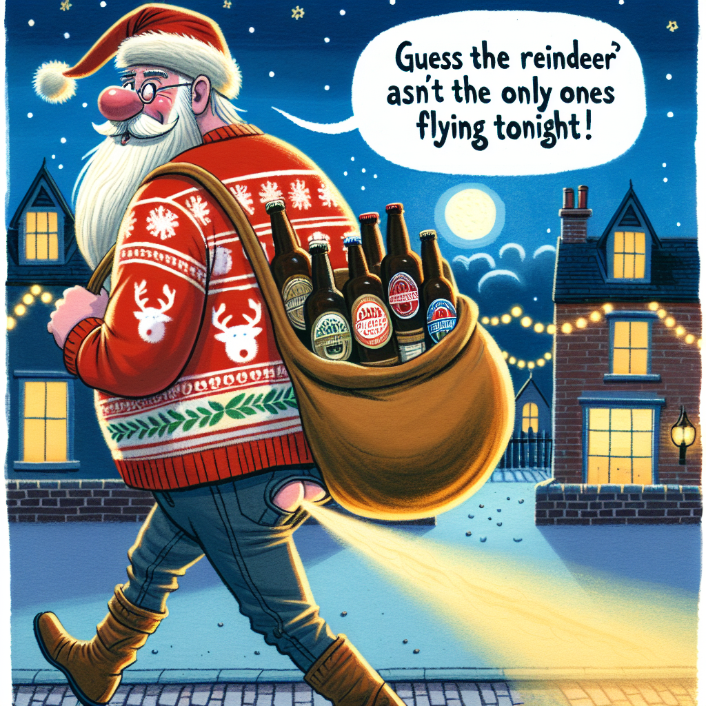 Visualize an amusing Father's Day-themed illustration. A character resembling Father Christmas, renamed here as Daddy Claus, is silently marching towards a house with the lights blazing as the evening falls. His iconic bag isn't loaded with trinkets, but a variety of artisanal beers. Caught with a mischievous smile, he humorously farts, commenting, 'Guess the reindeer aren't the only ones flying tonight!' His holiday sweater features the moniker 'Daddy Claus', a light-hearted tribute to his paternal obligations.
Generated with these themes: Daddy Claus, who looks like Father Christmas but is 'daddy-fied' and appears on Fathers Day, is delivering beer to a house , and Daddy Claus visibly farts and says something funny about it, and "Daddy Claus" is written somewhere on his clothes or belongings .
Made with ❤️ by AI.