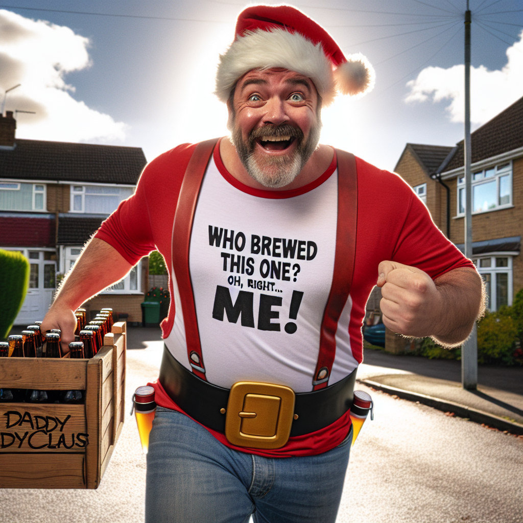 A jovial man bearing resemblance to Father Christmas, identifiable by his hat and broad belt painted in cherry red, is seen dashing down a suburban street under a radiant sun. It is Father's Day and his mission is to drop off a wooden crate, brimming with cool beers, at a nearby household door. While he's in motion, a comical bubble humorously slips off him leading him to express a playful, almost embarrassed smile. Words of humor tumble from his mouth, 'Who brewed this one? Oh, right... me!' The phrase 'Daddy Claus' is boldly etched onto his Santa-themed toolbelt, enhancing his paternal appeal.
Generated with these themes: Daddy Claus, who looks like Father Christmas but is 'daddy-fied' and appears on Fathers Day, is delivering beer to a house , and Daddy Claus visibly farts and says something funny about it, and "Daddy Claus" is written somewhere on his clothes or belongings .
Made with ❤️ by AI.