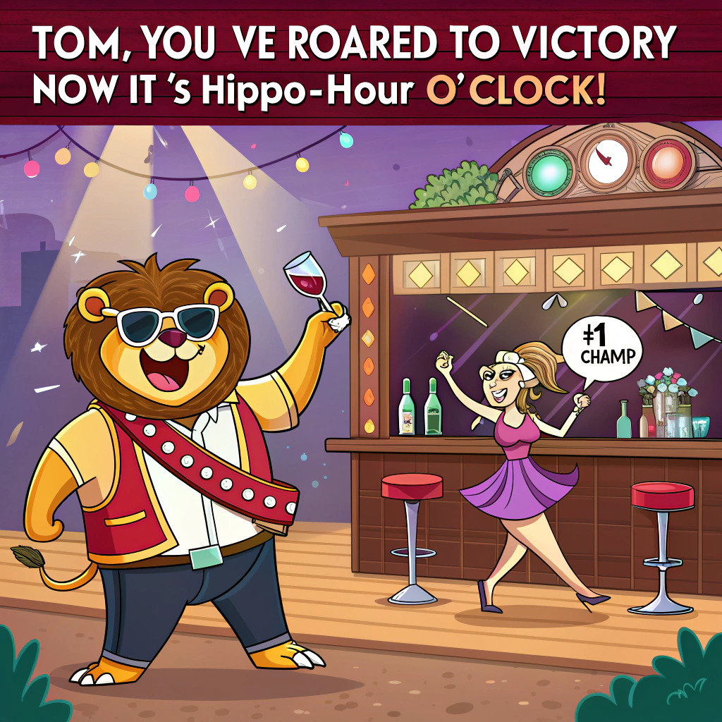 Bar scene with a male lion and a female hippopotamus on top of the bar table, American flags, A sign on the wall saying "four kami`s for the price of one!!", A separate counter on the right side with a sign saying "Chick-fil-A", and A few joyous guests with drinks in their hands Congratulations Card