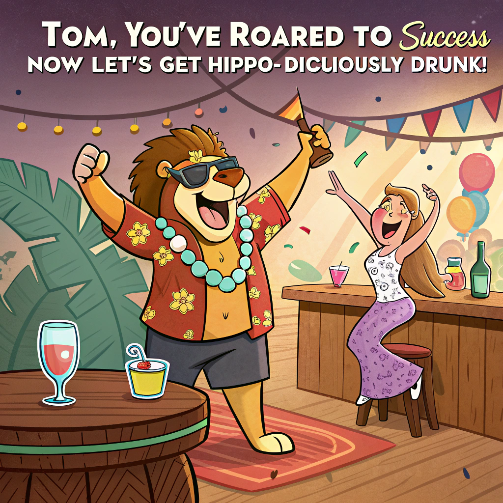 At the top of the image, "Tom, You’ve Roared to Success – Now Let’s Get Hippo-diculously Drunk!"

- Illustrate a lively, cartoon-style bar scene buzzing with celebration. In the center, a flamboyant male lion in a Hawaiian shirt and sunglasses strikes a victory pose atop a wooden bar table, one paw in the air, clutching a frothy drink. Beside him, a joyous female hippopotamus in a sequined party dress stands proudly, dancing and laughing. 
- The background features waving American flags and a bold neon sign on the wall that reads: “FOUR KAMI’S FOR THE PRICE OF ONE!!” in flashy lettering, surrounded by stars and glittering lights.
- To the right, show a smaller counter clearly labeled “Chick-fil-A” in fun, quirky script. A tiny crowd of party guests—animals and humans alike—raise colorful drinks and throw confetti into the air.
- Emphasize exaggerated expressions, comedic body language, and festive, over-the-top party energy, making the whole scene feel like a wild and well-deserved bash in Tom's honor.
Generated with these themes: Bar scene with a male lion and a female hippopotamus on top of the bar table, American flags, A sign on the wall saying "four kami`s for the price of one!!", A separate counter on the right side with a sign saying "Chick-fil-A", and A few joyous guests with drinks in their hands.
Made with ❤️ by AI.
