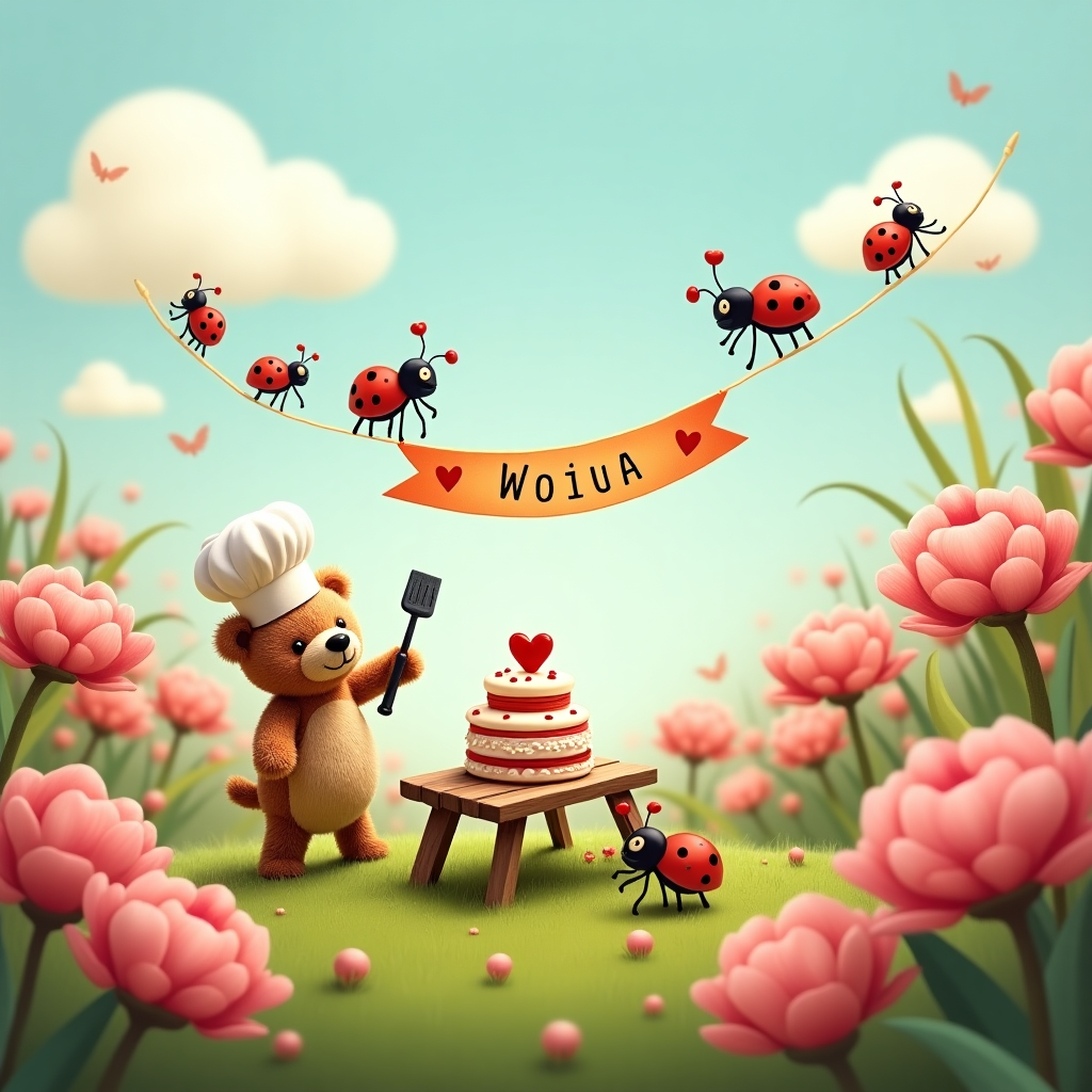 In this whimsical birthday card scene, a charming, grassy meadow is set beneath a pastel blue sky where fluffy white clouds float lazily. In the foreground, a petite, endearing teddy bear—no taller than a ladybug—is cheerfully balancing on one foot, wearing a tiny chef's hat that comically leans to one side. The bear is busy frosting a miniature, tiered cake with a spatula almost as big as itself. This cake is adorned with icing love hearts and sits atop a wooden picnic table made from a matchbox and twigs. Surrounding the scene are clusters of blooming peonies, their lush petals unfurling in shades of pink and coral, accentuating the delightful setting with their elegant beauty. 

Amongst the peony petals, a gathering of ladybugs, with glistening red shells and black polka dots, is enthusiastically arranging the petals into the shape of a heart. The ladybugs, with their tiny antennae wiggling, are also diligently painting the words "Happy Birthday Wiola" across the petals using dew drops and nectar. In the background, a trail of ladybugs forms an aerial procession, carrying a colorful banner made of gossamer fabric that reads "Wiola" in playful, looping letters. The banner flutters in the gentle breeze, secured by delicate threads of spider silk to the peonies. A pair of clouds above part slightly, with the sun casting a golden glow that highlights the whole scene, creating a vivid and intricate tableau filled with whimsy and charm.
Generated with these themes: Ladybugs , Peonies, Baking Cakes, Love Hearts, and Very small teddy bear.
Made with ❤️ by AI.