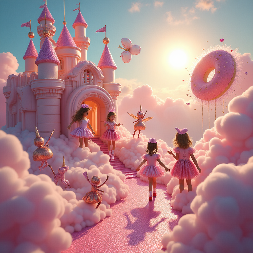 At the top of the Surreal Style image, the text reads in whimsical, glittery bubble letters: **All Sixes & Sevens**.  

A dreamy, surreal birthday wonderland unfurls: a giant, candy-coloured bouncy castle floating among soft pink clouds shaped like cupcakes, its turrets made of glistening disco balls and swirling lollipops. Inside, kids in shimmering popstar outfits — with oversized, sparkling microphones and feather boas — bounce alongside balloon-shaped poodles and butterflies with glittering vinyl-record wings. On one side, a magical pamper party is taking place: tiny unicorns with curlers in their manes, floating jars of nail polish painting mid-air, and a Taylor Swift–esque figure with cascading hair, wearing a gown that melts into a river of strawberry milkshake, serenading the partygoers. In the distance, the sun is an enormous frosted donut casting golden sprinkles of light across the dreamscape. The whole scene glows with a pastel, otherworldly radiance, bending and twisting reality into something impossibly cute and joyfully bizarre.  
Generated with these themes: Kids bouncy castle, Pamper party for kids, Taylor Swift, Popstar , Party , and .
Made with ❤️ by AI.