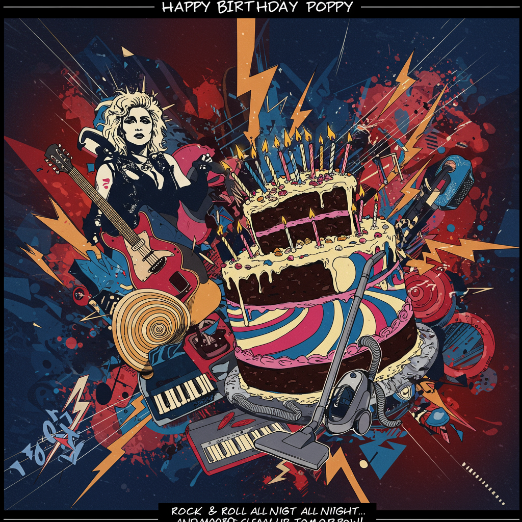 At the top of the Abstract Style image, the text reads: **Happy Birthday Poppy**
---
Imagine a swirling, chaotic symphony of colors and shapes that echoes the audacious spirit of rock music and the enigmatic allure of Twin Peaks. In the foreground, a bold, angular Madonna silhouette emerges, surrounded by abstract, zigzagging guitars and rhythmic waves of music notes that seem to pulse with energy.
Nearby, a fantastical, oversized cake floats mid-air, with frosting patterns spiraling outwards like musical riffs. The cake’s layers are a cacophony of vibrant hues and daring textures, reminiscent of 80s rock album covers. At the cake's base, a vacuum cleaner stands defiantly, cord twining like a snake, adding a cheeky nod to the relentless rhythm of housework.
In the background, geometric shapes clash and blend, creating a dramatic backdrop that mirrors the surreal mystery of Twin Peaks. Splashes of deep blues and fiery reds intermingle, while jagged, lightning bolt-like shapes crack through the composition, creating an electrifying, rude ambiance.
A small, cheeky caption at the bottom reads: "Rock & Roll All Night... and Maybe Clean Up Tomorrow!"
Generated with these themes: Madonna , Twin Peaks , Cake, Rock music , Housework , and .
Made with ❤️ by AI.