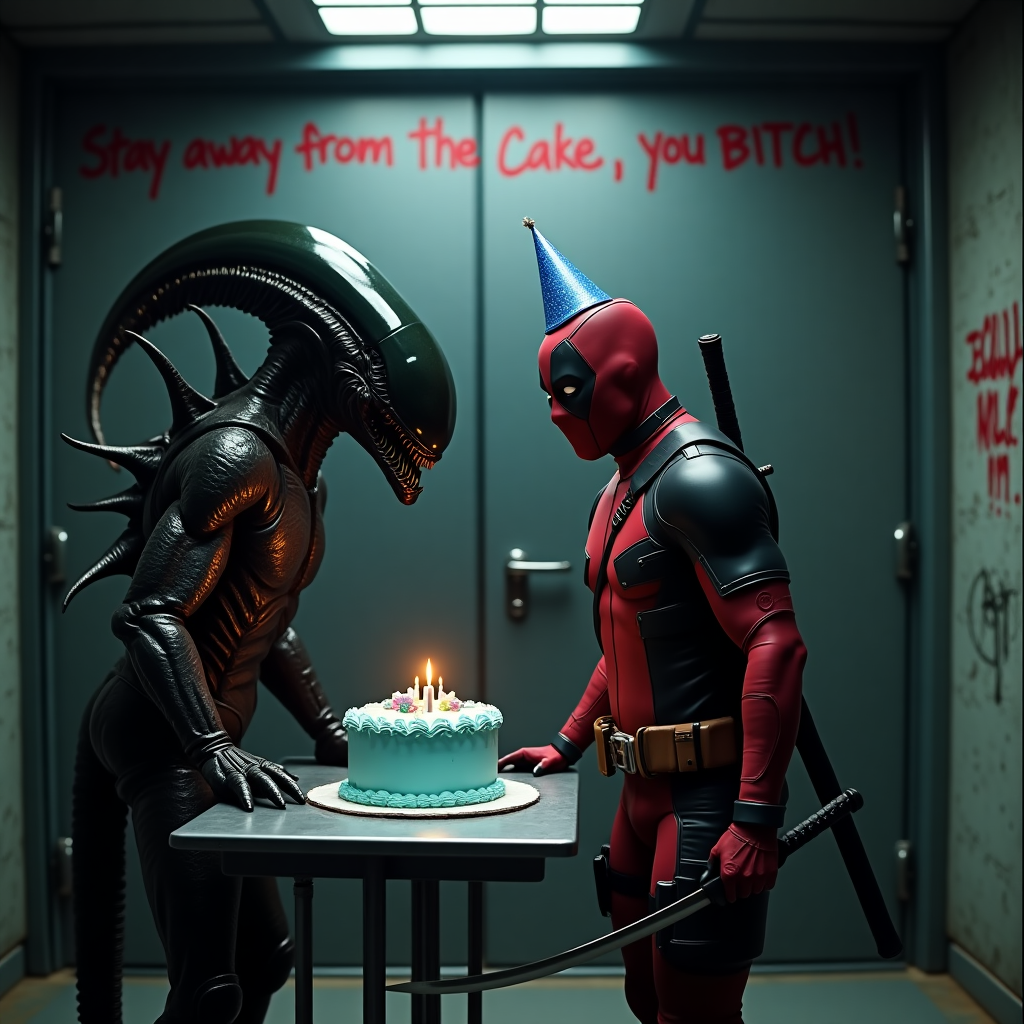 Deadpool, Large, scary Xenomorph wearing party hat, Birthday cake with blue icing, and Deadpool warning the Xenomorph, "Stay away from the cake you BITCH!" Birthday Card