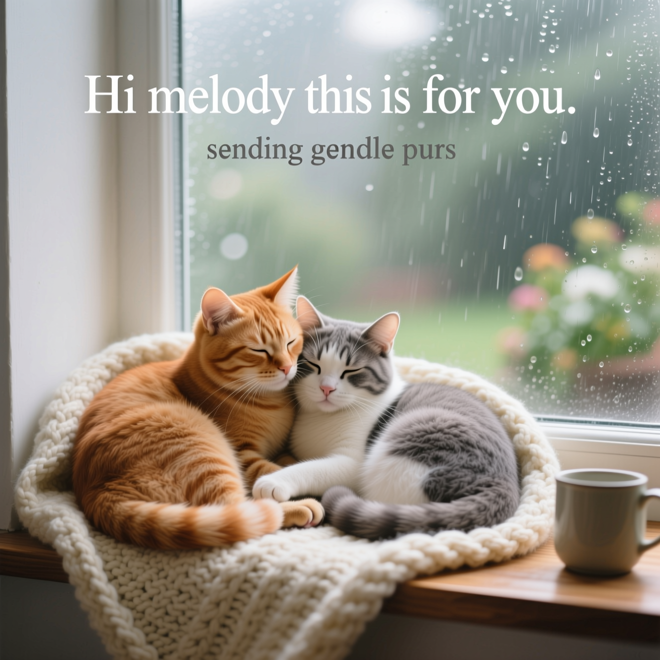 At the top of the Photorealistic picture taken from a camera image, Hi melody this is for you

Ultra-high-definition 4K UHD, photorealistic indoor scene in a cozy window nook during a light rain. Two cats—the first a warm ginger tabby, the second a soft gray-and-white shorthair—are cuddled close on a cream cable-knit throw, foreheads gently touching, paws tucked, tails curled together. Their eyes are softly closed, whiskers crisp, plush fur textures detailed and lifelike. Natural diffused daylight filters through a rain-dappled window behind them, with delicate bokeh from the raindrops and a softly blurred garden beyond. Warm, comforting color palette of creams, dove gray, and muted greens; clean, uncluttered setting with a wooden sill and a single, out-of-focus ceramic mug for warmth. Composition leaves generous airy negative space above the cats for the top text. Shot on a full-frame camera, 85mm lens at f/1.8, ISO 200; shallow depth of field, accurate lighting, rich depth and realistic textures.

Typography:
- Top text placement: centered near the top, soft white small-caps serif, light weight, gentle letterspacing, a faint shadow for legibility: Hi melody this is for you
- Small caption to enhance the image: at the lower-right in a subtle gray italic, one short line: sending gentle purrs

Mood: cute, tender, and comforting; real-life softness with a serene, sympathetic feel.
Generated with these themes: They have cats, and .
Made with ❤️ by AI.
