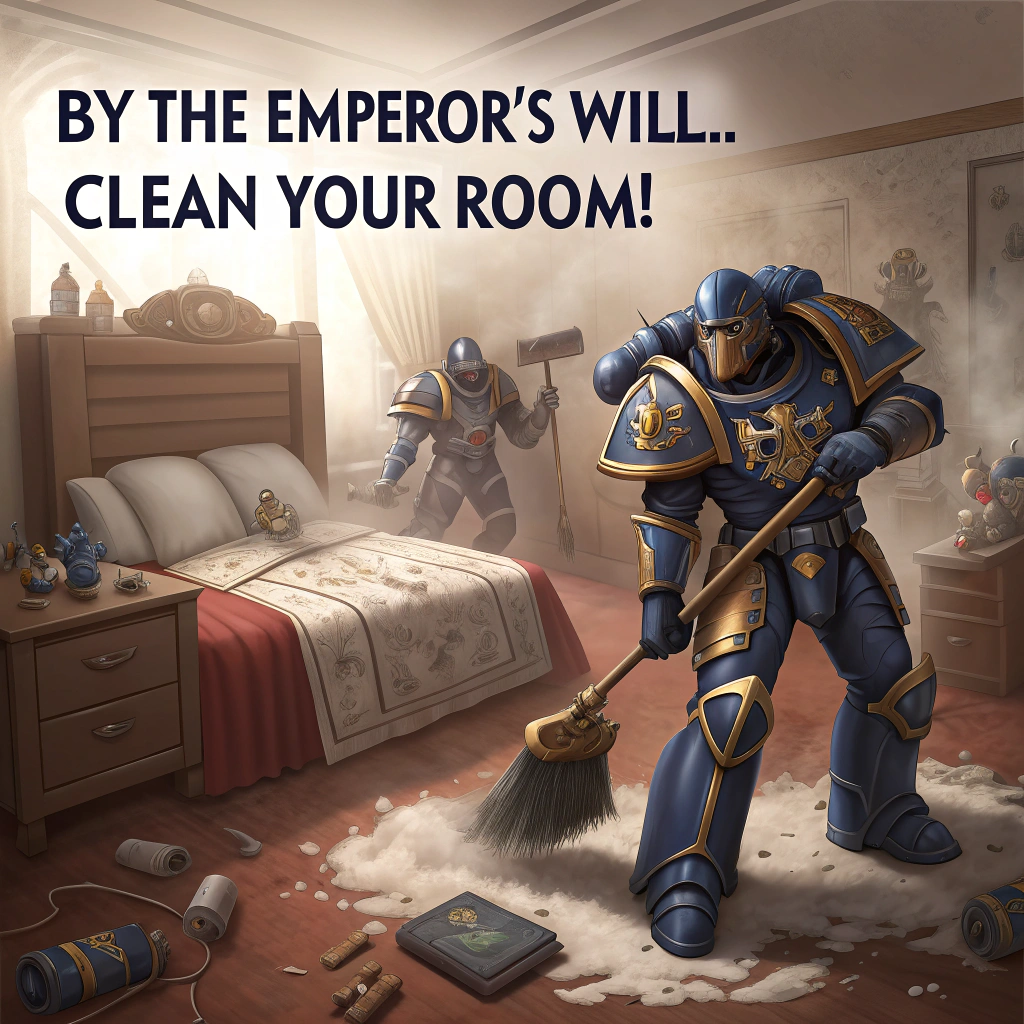 At the top of the image, "By the Emperor's Will... Clean Your Room!"

- In the center of the image, illustrate a comically dramatic Warhammer 40k-style scene featuring a squad of overly intense, ultra-armored Space Marines — styled in classic Ultramarines blue and gold — bursting into a messy teenage bedroom.

- The Space Marines are brandishing cleaning tools like feather dusters, oversized vacuums, and laser-powered lint rollers instead of weapons, with exaggerated, heroic stances.

- One Marine is scanning the room with a tactical visor, locking onto a half-eaten sandwich under the bed like it's a chaos relic.

- Background includes hilarious details like glowing Necron laundry baskets, servitor-bots dragging dirty laundry, and an imperial Aquila on the vacuum cleaner.

At the bottom of the image, "She’s not your mom… she’s the Warmaster of Wipe-Downs. Happy Mother’s Day!"
Generated with these themes: Warhammer tacticus Titus .
Made with ❤️ by AI.