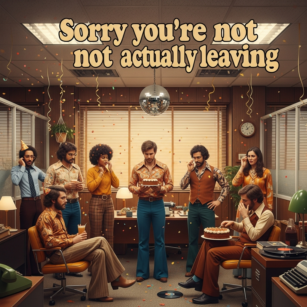 At the top of the Photorealistic picture taken from a camera image, Sorry you're not actually leaving

Ultra-high-definition 4K UHD, lifelike 1970s office farewell scene in a funny mood. Full-bleed, portrait orientation. Render the headline in bold, groovy 70s typography (chunky cream letters with a soft orange drop shadow), slightly warped like vinyl sleeve art, clean and legible over the scene.

Setting: a late-70s open-plan office—walnut wood paneling, amber glass partitions, mustard swivel chairs, avocado-green rotary phone, typewriter, macramé plant hanger, lava lamp on a beige filing cabinet, sunburst wall clock. Burnt orange, mustard, avocado, and walnut browns dominate.

Action: a suddenly cancelled farewell. Confetti mid-air and streamers drooping, party poppers dangling. A disco ball hangs from a fluorescent fixture. Coworkers in authentic 70s attire—flared trousers, paisley shirts, wide lapels, vests; big round glasses, sideburns, moustaches, afros and feathered hair—caught mid-moan: exaggerated sighs, eye-rolls, slumped shoulders, hands on hips, lips in a comic “ugh.” One person sheepishly lowers a cake; another gently stops a record player with a vinyl still spinning. The “not-leaving” subject stands center, shrugging with an apologetic half-smile.

Camera and light: shot on a 35mm lens at f/2.8, shallow depth of field with creamy bokeh; crisp focus on the central cluster of moaning coworkers. Warm tungsten overhead mixed with soft daylight through venetian blinds, casting subtle striped shadows. True-to-life skin and fabric textures, realistic reflections on glossy plastics, subtle period-accurate film grain, rich depth of field. No modern tech or brand logos.

At the bottom of the Photorealistic picture taken from a camera image, a small cheeky caption in a subtle retro label: Guess we’ll keep enjoying your moan-ologues.
Generated with these themes: 70s, Moaning, and .
Made with ❤️ by AI.
