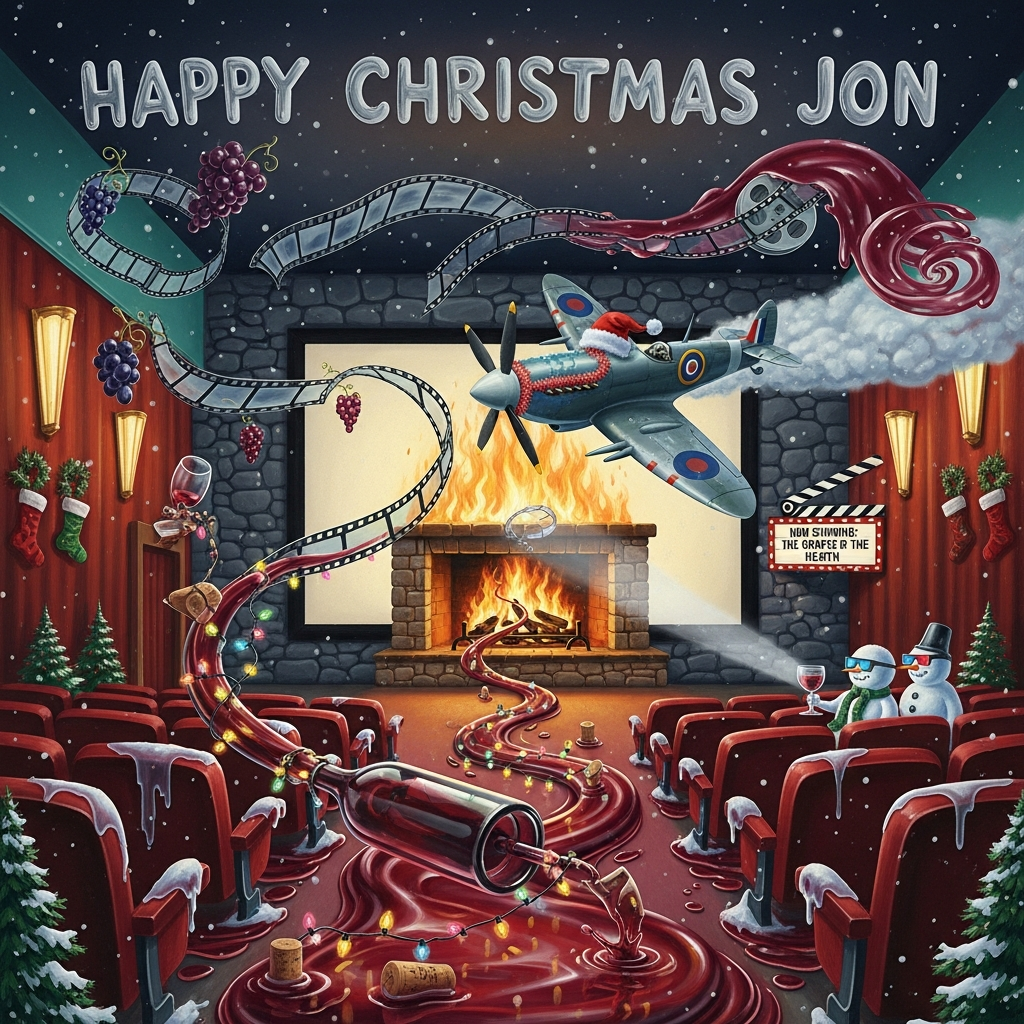 At the top of the Surreal Style image, Happy Christmas Jon in frosted, hand-painted letters, gently warping in the fireplace heat-haze

A dreamlike, Dali-inspired cinema interior where the movie screen is a roaring stone fireplace; flames curl into looping filmstrips and grape clusters, casting long, ethereal shadows. A glossy river of red wine defies gravity, flowing up the center aisle like liquid ribbon, reflecting fairy lights and bobbing corks that act as tiny buoys. Bursting halfway out of the hearth-screen is a festive Supermarine Spitfire: tinsel-wrapped fuselage, a jaunty Santa hat on the canopy, its spinning propeller a gleaming corkscrew; translucent wings morphing into melting reels of film, trailing candy-cane vapor and a splash of burgundy contrail that spirals into the starry ceiling. Red velvet seats sag and melt into puddles of wine-gloss, snow gently drifting through projector beams as a couple of snowmen in 3D glasses sip from oversized goblets. Art-deco sconces glow holly-green; stockings hang from the proscenium; the aisle is lined with tiny, snow-dusted firs. Color palette of deep burgundy, ember-orange, icy teal, and gold; soft volumetric light, glassy reflections on wine, surreal elongated forms, playful and funny, cozy and festive, painterly detail.

On the glowing cinema marquee inside, small cheeky caption: Now Showing: The Grapes of Hearth
Generated with these themes: Cinema, red wine, fireplace, spitfire, and .
Made with ❤️ by AI.