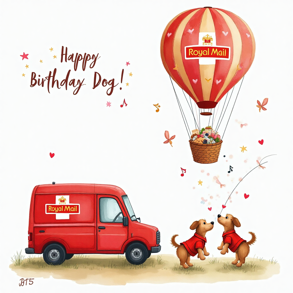 At the top of the Watercolor Style image, the text reads: "Happy Birthday Dog"

---

### Image Prompt:

Imagine a dreamy watercolor scene set in the heart of Bath city, painted with soft hues and gentle brushstrokes. The focus is on two adorable dogs, both wearing mini Royal Mail uniforms, playfully engaged in a game of fetch. Nearby, a Royal Mail van is parked, its vibrant red color subtly bleeding into the watercolor background.

Above them, a grand hot air balloon ascends gracefully into the sky, adorned with romantic patterns and the Jack Daniels logo, suggesting a celebration. The balloon is tethered to a picnic basket on the ground filled with an assortment of gourmet foods, echoing a sense of festivity and indulgence. 

A soft melody seems to drift through the scene, suggested by whimsical musical notes that dance around the dogs and balloon. 

This enchanting composition captures a romantic, light-hearted birthday ambiance in watercolor, blending the quaint charm of Bath with playful elements and a splash of celebration.
Generated with these themes: 2 dogs, Bath city, Hot air balloon , Jack Daniels , Music , Food, Royal mail van, Royal mail uniform, and .
Made with ❤️ by AI.