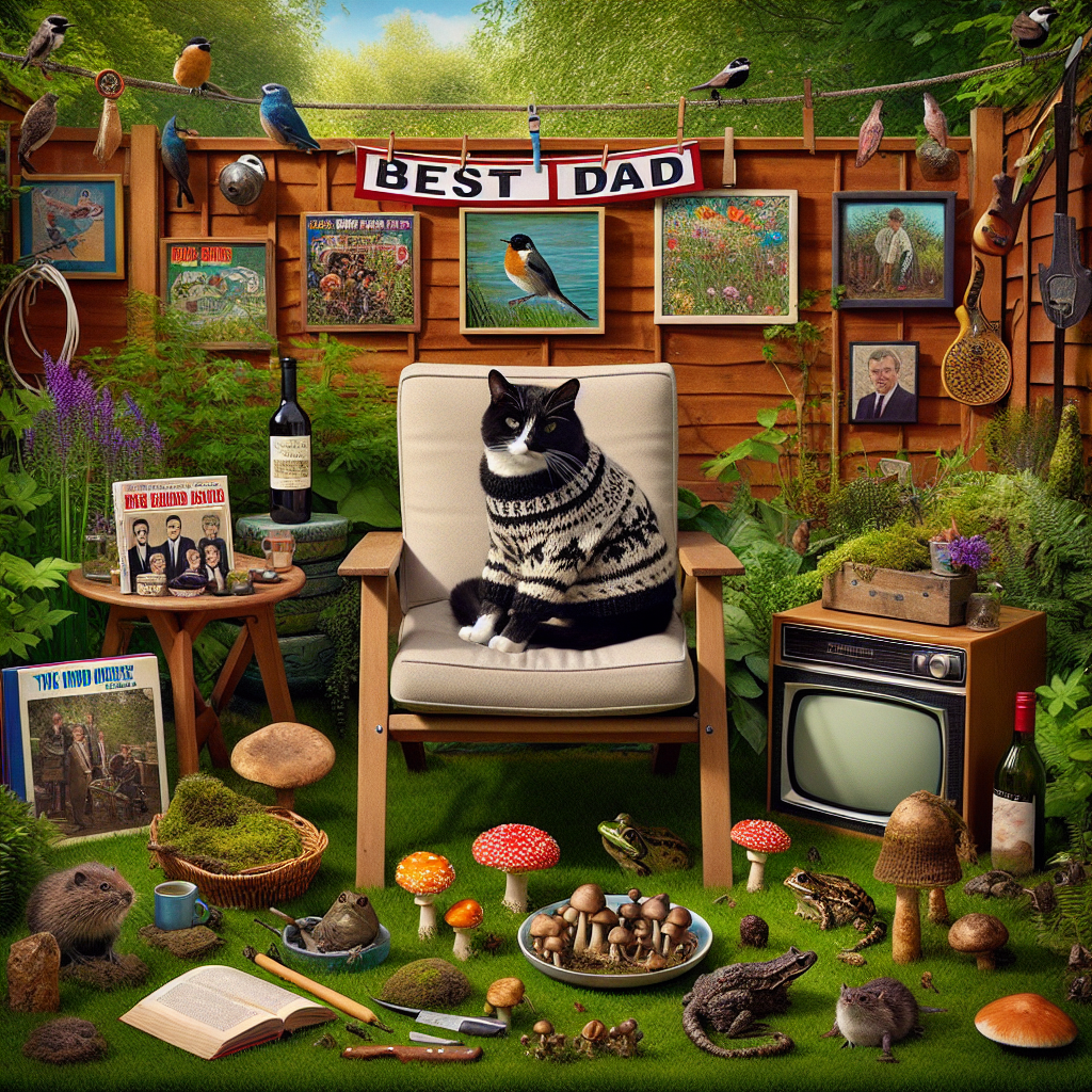 Imagine a quaint garden setting with a clear focus on a black and white cat situated in the middle, sporting a comfortable, hand-knit jumper. The 'Best Dad' banner gracefully hangs above, emphasizing the garden's purpose. The scene is tastefully sprinkled with iconic albums representing music popular between the 1960s and 1980s, positioned around a cozy reading spot, where a historical novel lies. A bottle of wine coupled with a plate of delectable mushrooms marks the essence of gastronomical delight. Various species of birds, frogs, and toads occupy the edges of the scene displaying an affection for wildlife. Woodworking tools carefully leaning against the garden bench signify his love for woodcraft. An image from a classic detective television series is displayed on a retro TV positioned within the greenery of the garden.
Generated with these themes: Black and white cat, Gardening, Best dad, Knitted jumpers, History, Reading, 1960s music, 1970s music, 1980s music, Eating mushrooms, Wine, National trust, Huddersfield, yorkshire, Birds, Wildlife, Frogs, Toads, Music, Woodwork, Tv detective shows, Iggy pop, and The beatles.
Made with ❤️ by AI.