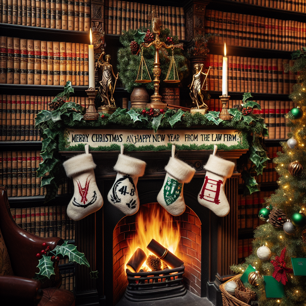 A cozy Christmas scene is set in a vintage library with a roaring fireplace, stockings hung with care, each bearing the scales of justice. A lawyer's desk is transformed into a festive display, complete with a miniature tree made of green legal pads and ornaments of classic lawyer's accoutrements. Above the mantel, the message 'Buon natale e felice anno nuovo dallo Studio Legale Malferrari Pinchetti' is inscribed amidst holly and ivy.
Generated with these themes: lawyer.
Made with ❤️ by AI.