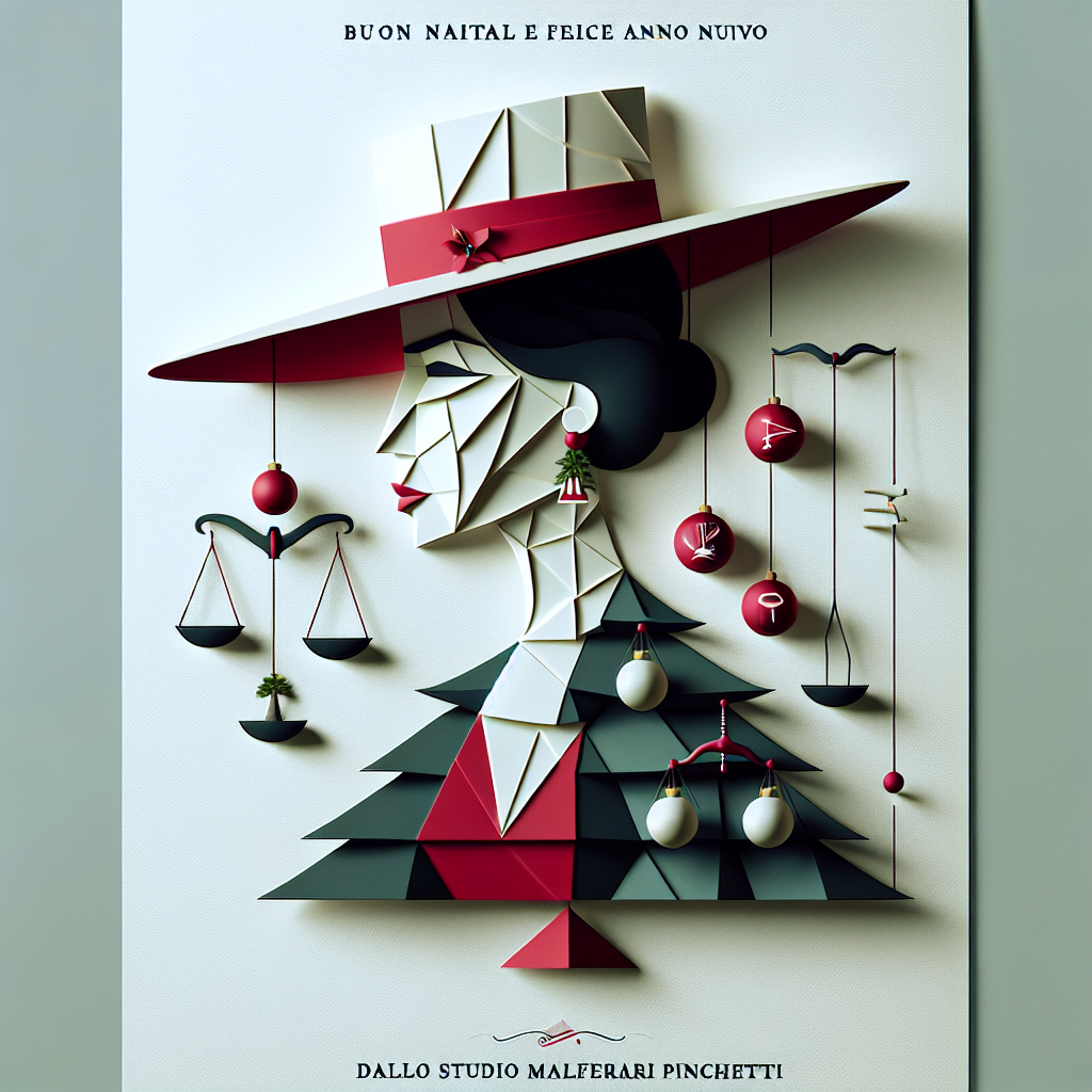 An artistic, minimalist Christmas card showcases an abstract lawyer made of geometric shapes, wearing a jaunty red and white hat. In the background, law scales hang from a modern Christmas tree, while each bauble reflects a landmark legal case. Elegant calligraphy presents 'Buon natale e felice anno nuovo dallo Studio Legale Malferrari Pinchetti' in the foreground, giving the design a professional yet festive touch.
Generated with these themes: lawyer.
Made with ❤️ by AI.
