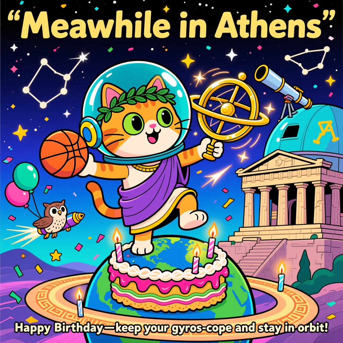 At the top of the Cartoon Style image, "Meawhile in Athens "
At the bottom of the image, "Happy Birthday—keep your gyros-cope and stay in orbit!"

- Center: A big-headed, wide-eyed cartoon cat in a toga and laurel wreath, wearing a shiny bubble astronaut helmet, balancing a giant gleaming brass gyroscope on one paw like a basketball. The gyroscope’s rings whirr with sparkly star trails and tiny constellations.
- The cat stands atop a mini ringed “planet-cake” with frosting continents and a glowing candle ring like Saturn’s, candles flickering as tiny comets.
- Background: A bright, star-splashed night sky over a playful, chunky Parthenon-turned-observatory on the Acropolis, with an oversized telescope cheekily poking out of a dome. Constellations form Greek letters and a cheeky gyro-sandwich outline.
- A small owl (Athena’s pal) zips by in orbit with a tiny jetpack, trailing confetti and star-shaped balloons.
- Style: Exaggerated proportions, thick black outlines, bold saturated colors (electric teal, royal purple, lemon yellow, hot magenta), energetic motion lines, and whimsical expressions.
- Add Greek key patterns subtly woven into the star trails and cake ring for extra Athens flair.
- Lighting: Vibrant cosmic glows around the gyroscope and candles; twinkling highlights to sell the spin and sparkle.
Generated with these themes: Astronomy, Gyroscope, and .
Made with ❤️ by AI.