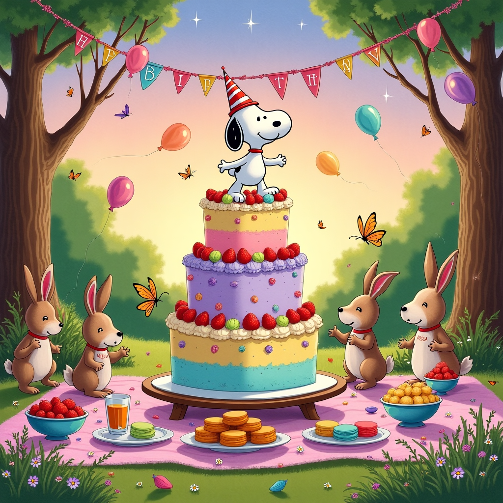 In this vibrant and whimsical birthday greeting card illustration, envision a scene bursting with life and detail, echoing the style of Norman Rockwell's lively storytelling and Quentin Blake's charming chaos. The focal point is a spirited celebration featuring a hand-drawn Snoopy, joyfully dancing atop a grand, multi-tiered birthday cake.

The cake, occupying the center of the scene, is a masterpiece of confectionery art, with three tiers painted in pastel pinks, yellows, and blues, each layer adorned with intricate piping and delicate sugar flowers in hues of lilac and mint green. Perched atop this sugary delight, Snoopy, wearing a jaunty party hat with red and white stripes, taps his paws in a playful dance. His ears flap animatedly, and his eyes sparkle with mischief.

Surrounding the cake, a lively assortment of hand-drawn woodland creatures—rabbits, hedgehogs, and birds inspired by Beatrix Potter—join in the festivity. These creatures are dressed in tiny party hats, colored in soft greens, blues, and yellows, and hold miniature balloons in various bright colors.

The backdrop is a detailed illustration reminiscent of Maxfield Parrish's luminous and fantastical landscapes. The sky is a radiant twilight gradient of lavender and peach, dotted with stars twinkling like tiny diamonds. A banner stretches across the top, woven through tree branches, with the text "Happy Birthday Irina!" in a playful, hand-drawn font, with letters in alternating colors of sunny yellow and sky blue.

In the foreground, an array of picnic tables is set with an abundance of delightful treats: bowls of fresh strawberries, plates of colorful macarons, and pitchers of lemonade, all rendered in lush, detailed brushstrokes. The ground beneath the party scene is a carpet of lush green grass dotted with small wildflowers in shades of violet and white, painted with the finesse of Arthur Rackham.

Finally, a whimsical touch is added with a few fluttering butterflies, their wings painted in vibrant oranges and purples, casting tiny shadows on the scene below as they dance through the air. This birthday card illustration captures a sense of jubilant celebration with layers of intricate details and playful elements, perfect for a delightful birthday surprise.
Generated with these themes: A snoopy theme birthday card.
Made with ❤️ by AI.