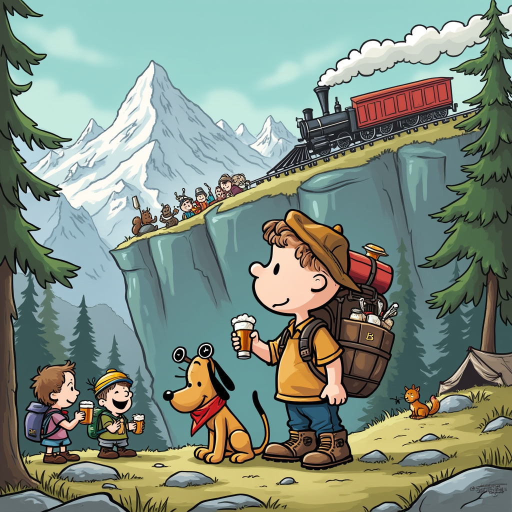 In the foreground of this whimsical birthday card cover, a character inspired by a mash-up of Charles Schulz's Peanuts and Bill Watterson's Calvin stands in oversized hiking boots, peering curiously through a set of binoculars that are far too large for his small face. His backpack is cartoonishly stuffed with camping gear, including a half-spilled bag of marshmallows and a thermos comically labeled "Elven Elixir." At his side, a trusty canine companion reminiscent of Walt Disney’s Pluto, but with a rugged, bandana-sporting twist, wags its tail and balances a tiny, heroic war hammer in its mouth. This war hammer is adorned with gleaming runes, echoing the fantastical world of Tolkien. 

Behind them, an imposing mountain range looms, but these peaks are unlike any regular mountains—they are shaped like oversized fantasy game dice, hinting at their RPG origins. The mountain tops glisten with exaggerated snowcaps that resemble dollops of frosting on a giant cupcake. Further into the background, a cartoonish, puffing steam train—a nod to Hergé’s Tintin adventures—whistles past on a precarious cliffside track. The train’s carriages are filled with adventurous, small creatures, akin to those found in Winsor McCay’s Little Nemo, engaged in merry revelry with their own miniature war hammers, fashioned from sticks and stones.

To the left, there’s a jovial tent camp, bustling with activity. A group of hikers, caricatured in the style of Gary Larson’s Far Side, clink their tankards together in celebratory toasts under a banner that reads, "Hike Your Way to Another Year!" Each hiker sports exaggerated features and outlandish medieval helmets, further blending the hiking and fantasy themes. The scene is peppered with quirky details: a mischievous squirrel with a tiny helmet scampering up a tree, and a sleepy owl perched atop a signpost that humorously reads, "Middle-Earth Trail - 3,425 Miles."

Every inch of the card invites the eye to explore the playful interplay of hiking and war hammer fantasy, crafted to ignite the birthday spirit with a chuckle and an adventure.
Generated with these themes: War hammer, and Hiking.
Made with ❤️ by AI.