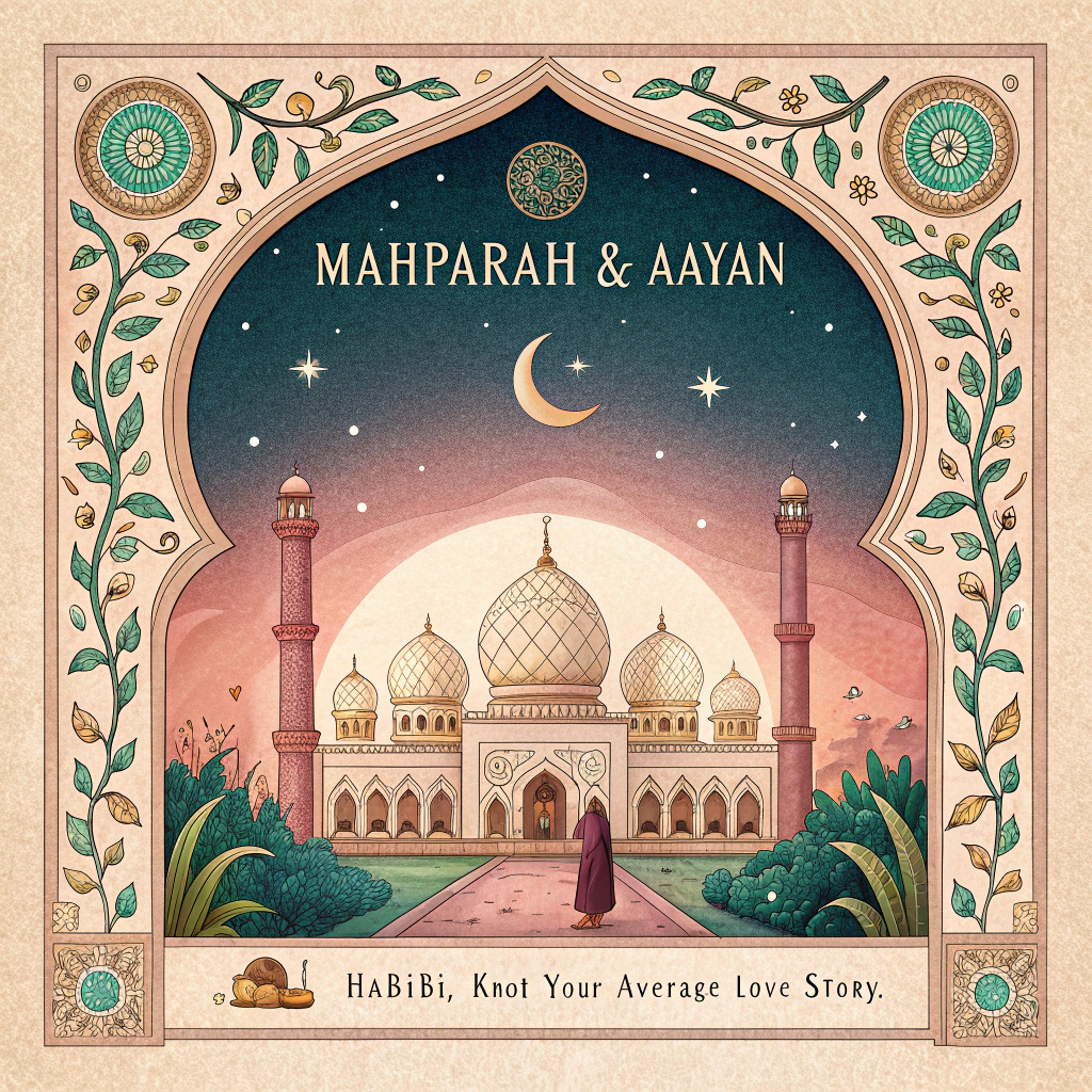 At the middle of the Illustration Style image, "Mahparah & Aayan"

At the bottom of the image, "Habibi, knot your average love story."

- Hand-drawn illustration with fine linework and textured brush strokes; warm, romantic palette of deep sapphire, emerald, blush rose, ivory, and shimmering gold.
- Composition: a symmetrical, ornate Moorish horseshoe arch frames the headline; intricate gold arabesque filigree and subtle zellige tile motifs accent the borders.
- Soft lantern glow: two gilded fanoos lanterns hang from the arch, casting a warm, candlelit radiance and gentle bokeh sparks.
- Central motif behind the names: interlaced gold rings nestled in a delicate rosette, with henna-inspired flourishes weaving a heart silhouette.
- Floral elegance: trailing jasmine and blush roses drape from the top corners; a few rose petals drift across the lower edge.
- Texture: subtle handmade paper grain; simulated gold-foil highlights on the calligraphy and filigree.
- Typography: the headline rendered in English script with Arabic-calligraphy–inspired ligatures, bold and luminous; the punch-line in a refined petite serif or clean sans, smaller, with a tiny gold divider motif.
- Keep it airy and balanced, prioritizing the text as the hero; no additional text, no photographic realism.
Generated with these themes: .
Made with ❤️ by AI.