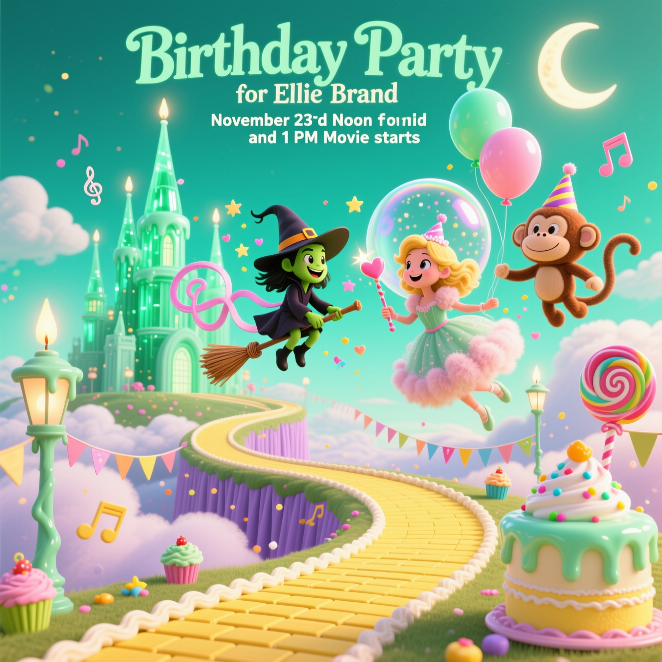 At the top of the Surreal Style image, Birthday Party for Ellie Brand November 23rd Noon for food and 1 PM Movie starts

Dreamlike, cute, Dali-inspired surreal scene evoking Wicked the musical: a candy-glass Emerald City of melting mint-green spires glows on the horizon, their tips bending like soft candles under an ethereal teal-lime sky. A spiraling yellow-brick cake-road (icing bricks with buttery sheen) winds up from the foreground, curling like a ribbon into the air. Floating beside it, two adorable witchy friends: one emerald-skinned with a floppy hat, riding a ribbon-like broom that loops into musical-note curls, smiling and scattering confetti stars; the other a bubbly blonde in a poofy, sugar-floss gown, drifting inside an iridescent soap-bubble sphere and sparkling a wand that releases heart-shaped pastel stardust. Plush flying-monkey balloons with tiny party hats bob around them, holding taffy-bunting that droops dreamily. Lollipop lampposts tilt and melt; a crescent moon balloon oozes like mint ice cream with rainbow sprinkles, casting pearly rim light. Clouds part like velvet stage curtains, sprinkled with bokeh musical notes and tiny cupcake constellations. Palette: jade, mint, lime, butter-yellow, blush, lavender. Lighting: soft, otherworldly glow with glittery highlights; shadows curve whimsically. Textures: glossy glass, whipped-cream clouds, felt-plush balloons. Composition: large, expansive, central spiral road leading the eye to the cute duo midair.

Render the header text in whimsical emerald script with a gentle glow, nestled on a soft cloud band so it feels part of the scene; keep it crisp and legible. No other large text.

Add a tiny, playful caption near the bottom in small curved lettering: Defy gravity, devour cake!
Generated with these themes: Wicked the musical , and .
Made with ❤️ by AI.