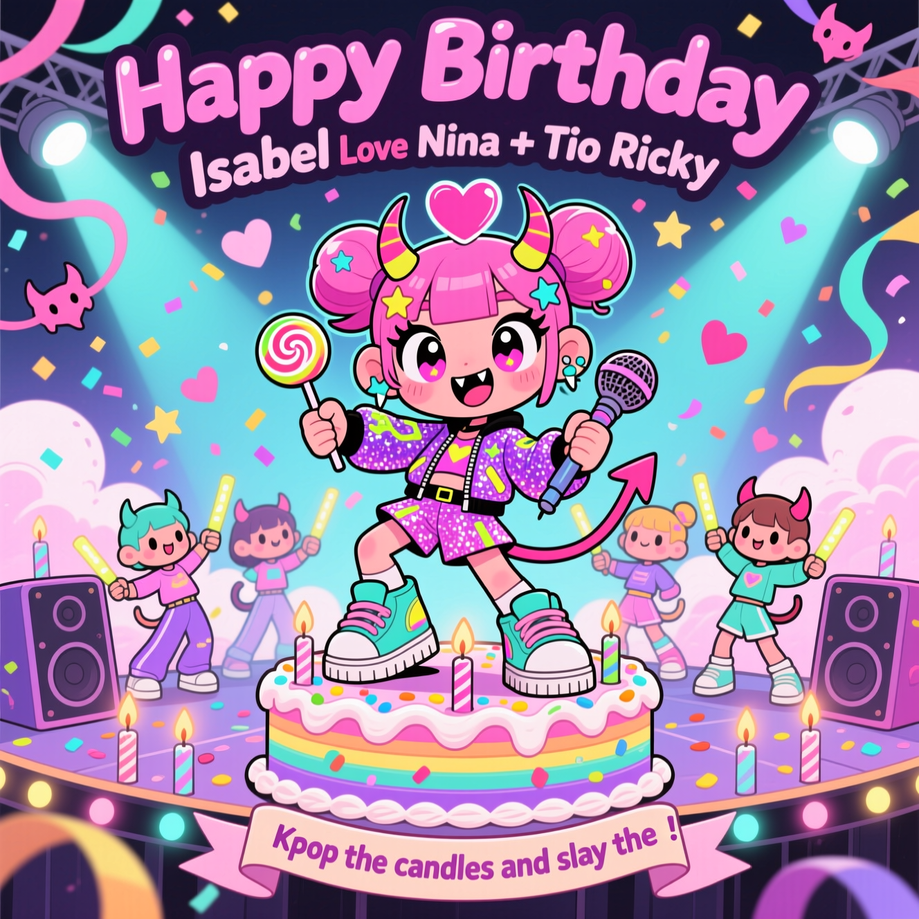 At the top of the Cartoon Style image, "Happy Birthday Isabel Love Nina + Tio Ricky"

At the bottom of the image, "Let's K-pop the candles and slay the day!"

Center a cute chibi K‑Pop demon idol in an energetic dance pose: heart-shaped candy horns, tiny fangs, star-sparkle eyes, bubblegum-pink twin buns, a glittery sequined bomber with neon patches, and oversized platform sneakers. She belts into a lollipop microphone while a mini backup crew of adorable imp dancers in pastel streetwear twirl glowsticks. The stage is a layered birthday cake–amp hybrid: frosting swirl speakers, candles doubling as stage lights, rainbow sprinkle confetti bursting into the air. Playful cartoon style with exaggerated proportions, thick outlines, bright saturated colors (electric pink, aqua, lavender, lemon, mint), soft cel shading, bouncy motion lines, and glittery highlights. Background: pastel-neon concert vibes with heart and star confetti, cotton-candy clouds, and crisscrossing spotlights; streamers shaped like cute devil tails curling around the frame. Render the top headline in bold bubbly letters with a thick dark outline and soft neon glow; place the punch-line on a ribbon banner shaped like a swoopy tail at the bottom. Keep text crisp and readable with clear space around both lines. Portrait orientation.
Generated with these themes: K Pop Demon, and .
Made with ❤️ by AI.