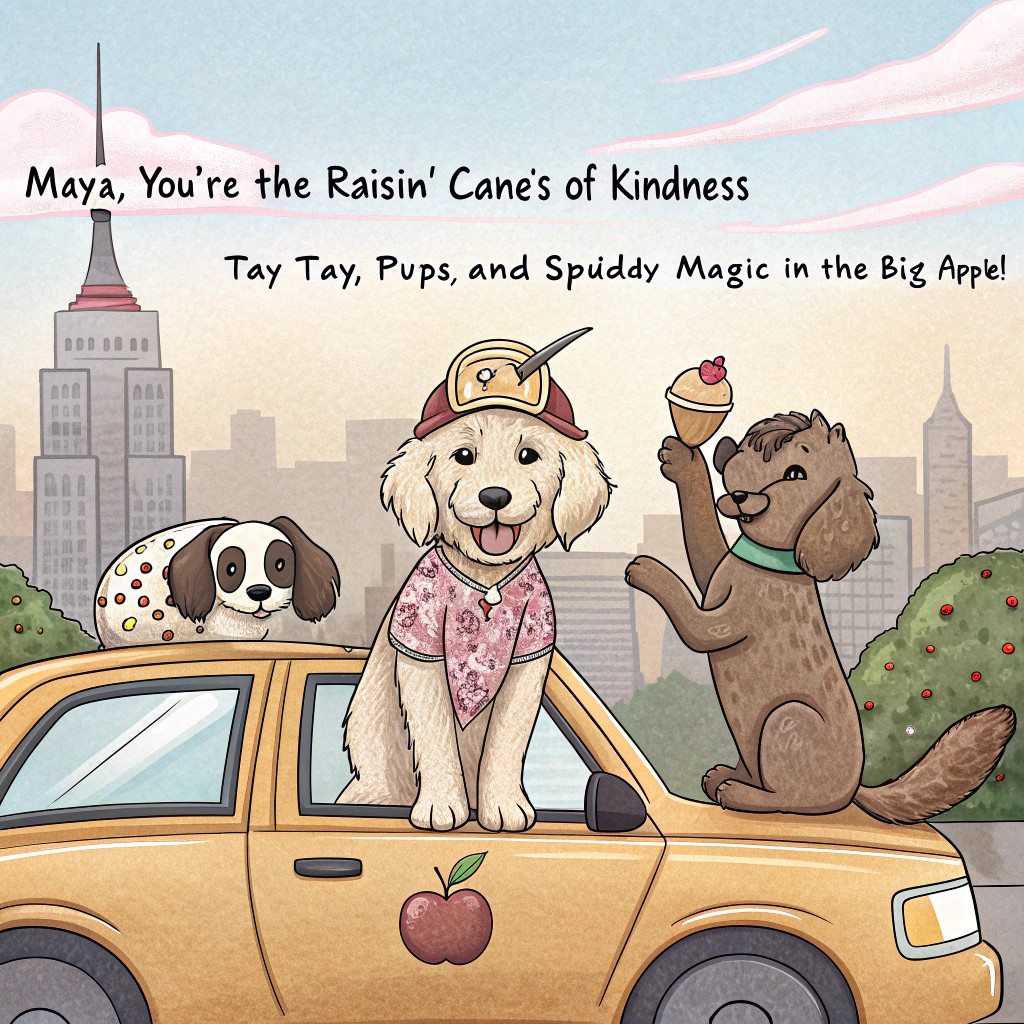 At the top of the image, "Maya, you're the Raisin' Cane's of kindness – with a side of Tay Tay, pups, and spuddy magic in the Big Apple!"

- In the center of the image, depict an adorable cartoon scene:  
   A wide-eyed golden retriever puppy wearing a sparkly Taylor Swift concert tee and mouse ears, joyfully holding a Cane's chicken tender in one paw and a buttery mashed potato cone in the other.  
   They're riding atop a glittering baked potato taxi shaped like the classic NYC yellow cab, zooming through Times Square with billboards showing Taylor, a Cane's logo, and a winking Disney castle.  
   The puppy leaves behind a sparkling trail of ketchup hearts in the air as confetti falls.

- Add tiny, excited potato characters peeking from building windows and waving.  
- The overall color palette is bright, pastel, and heartwarmingly chaotic — a cute overload.
Generated with these themes: Raising Cane’s, Taylor Swift , Disney, Puppies, Potatoes, and New York .
Made with ❤️ by AI.