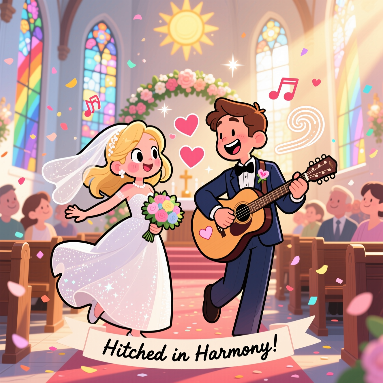 Blonde bride with brown hair groom with groom with guitar and in a church, and Wedding Card