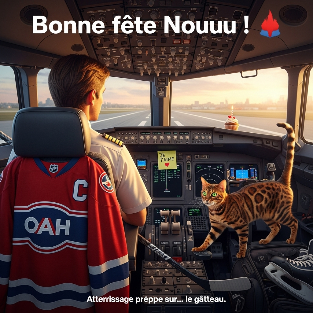 At the top of the Photorealistic picture taken from a camera image, place the text: “Bonne fête Nouuu ! ❤️” in large playful white lettering with a subtle red-and-blue outline, slightly arched across the sky/cockpit windows.

Add at the bottom a small cheeky caption: “Atterrissage prévu sur… le gâteau.”

Ultra-high-definition 4K UHD, photorealistic, funny mood. Scene: Inside an airplane cockpit on the tarmac at golden hour. Over-the-shoulder view from behind a châtain (light brown) airline pilot, seen de dos, in a crisp navy uniform with gold epaulettes. Draped over the back of his captain’s seat is a vivid red–white–blue Montréal hockey jersey (classic “C‑H” chest crest clearly visible), with a hockey stick leaning beside the seat. A rosette-coated Bengal cat with bright green eyes stands mischievously on the center console, mid-swat at a black puck rolling toward the throttles; its tail curls up, whiskers catching the light. A yellow Post‑it on the primary flight display reads: Je t’aime ❤️ in neat, handwritten ink. A pair of hockey skates peek from an open flight bag by the rudder pedals, and a single cupcake with a lit candle sits on the glareshield like a tiny “runway light.” Outside the windscreen: soft, sunlit runway and faint city hints, with warm rim light outlining the pilot’s hair and the cat’s fur.

Camera/style: full-frame DSLR look, 50mm lens, f/2.2, ISO 200, 1/250s; natural daylight with soft bounce, accurate color, lifelike textures (leather seat grain, brushed metal switches, glossy jersey fabric, detailed cat fur), realistic reflections on the glass panels. Shallow depth of field for rich bokeh; pilot’s shoulders, jersey crest, cat, and instruments in tack-sharp focus. No extra text beyond the specified overlays and the Post‑it.
Generated with these themes: Pilote davion châtain de dos avec chat bengal et canadien de montreal hockey, Post-it écrit: Je t’aime ❤️, and .
Made with ❤️ by AI.
