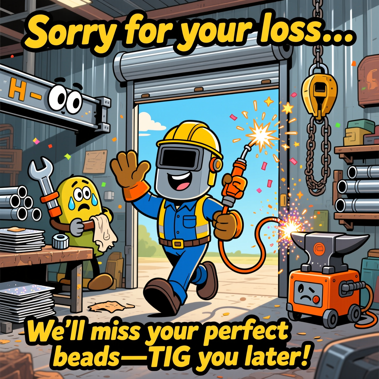 At the top of the Cartoon Style image, "Sorry for your loss…"
At the bottom of the image, "We’ll miss your perfect beads—TIG you later!"

- Center scene: A playful, exaggerated cartoon welder in oversized helmet and chunky gloves strides toward an open roller door of a metal shop, waving goodbye with a big grin. A TIG torch dangles from one hand; the trailing cable loops in a swooshy ribbon, and the last tiny arc fizzles into spark-like confetti and starbursts.
- Around them: Personified shop gear cheer and sniffle—an H‑beam with googly eyes salutes, a C‑clamp hugs a wrench, a bolt and nut dab tears with a scrap of shop rag, and a rolling welder power unit droops with a comical frown. An angle grinder sprays glittery, harmless “celebration sparks” upward like confetti.
- Environment: A lively metal fabrication bay—welding table with neatly stacked plate offcuts, a rack of tubes and sheet, a chunky anvil, and a coiled chain hoist. The open door reveals a sunny sky to hint at new horizons.
- Style notes: Playful cartoon characters with exaggerated proportions, thick black outlines, bright saturated colors (electric blues, safety yellows, hot oranges, glossy steel grays), and whimsical, energetic poses. Add bold, chunky hand-lettered text for both lines with high contrast and a subtle drop shadow so the headline and punchline steal the show.
Generated with these themes: Welding, Metal Fabrication , and .
Made with ❤️ by AI.