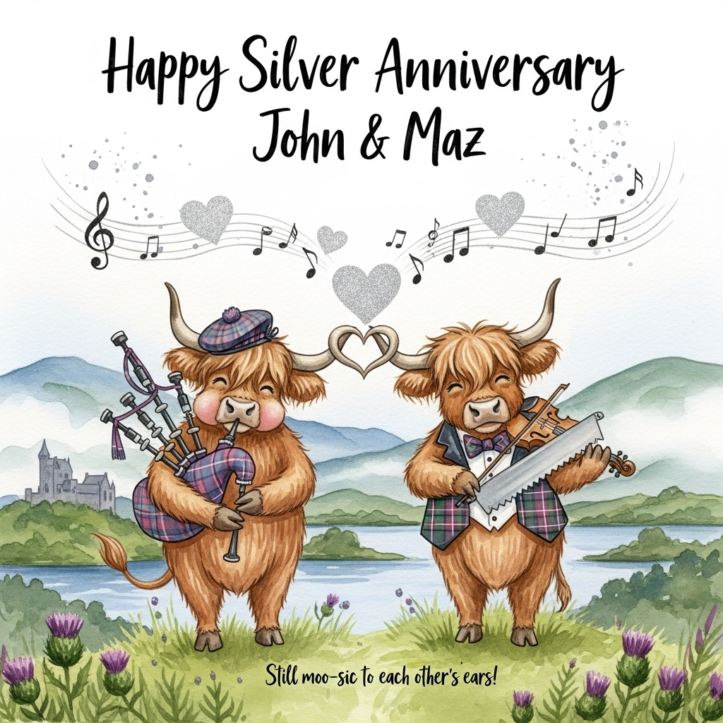 Highland cows, music, scotland, and Anniversary Card