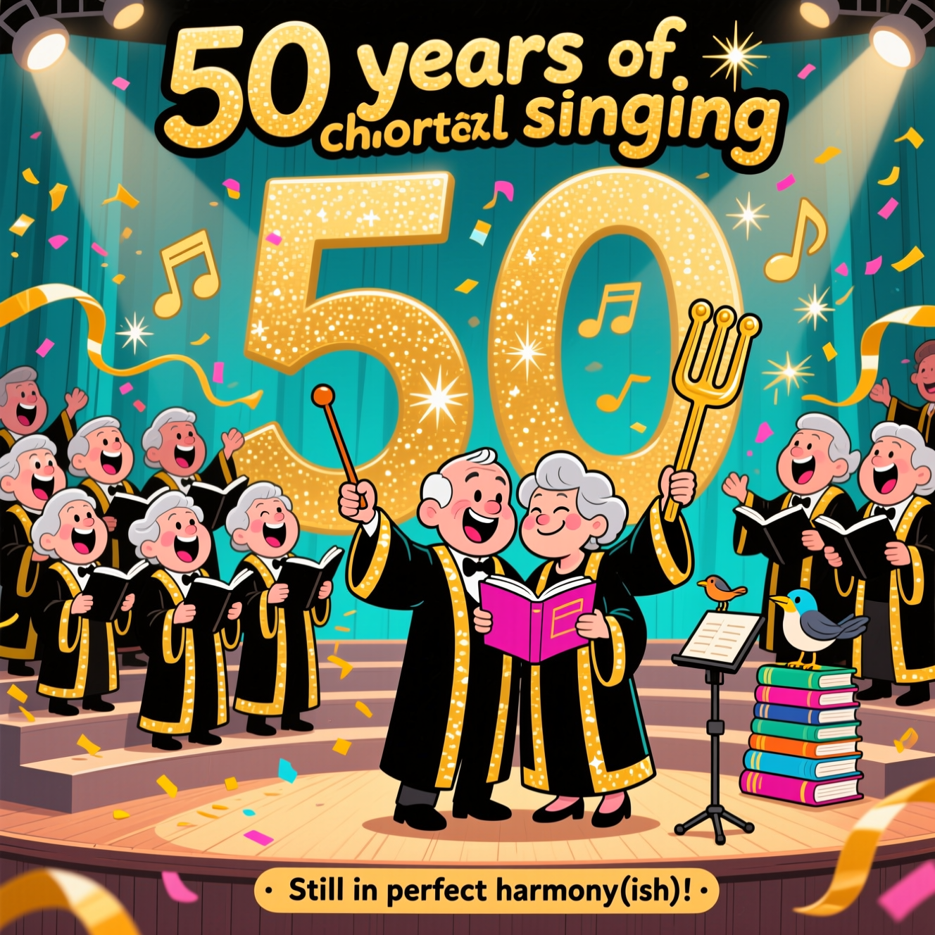 At the top of the Cartoon Style image, 50 years of choral singing 

A big, playful cartoon scene of a jubilant choir celebrating a golden anniversary: a diverse group of silver-haired singers in oversized, gold-trimmed robes arranged on curved risers that subtly form the number “50,” all mid-belt with huge open mouths, puffed cheeks, sparkling eyes, and whimsical, energetic poses. Exaggerated proportions and thick black outlines; bright saturated colors (gold, teal, magenta, sky blue). The central older couple share a music book, grinning and winking as a gleeful conductor in front flourishes an oversized baton. Musical notes and treble clefs swirl out like confetti; golden streamers and glittery sparks float through the air. Comedic touches: one singer brandishes an absurdly giant tuning fork; another balances a wobbly stack of hymnals; a tiny bird perched on a music stand chirps along. Warm stage lights and a rich teal curtain backdrop, with a gentle spotlight on the couple. Bold, high-contrast cartoon shading with soft drop shadows and glossy highlights. Vertical composition with roomy sky area for the headline and a tidy space near the bottom for a small caption. Render the headline in big, bouncy, hand-lettered gold type with thick black outlines and subtle sparkle.

At the bottom, add a small playful banner with one short line of text: Still in perfect harmony(ish)!
Generated with these themes: Singing in a choir , and .
Made with ❤️ by AI.