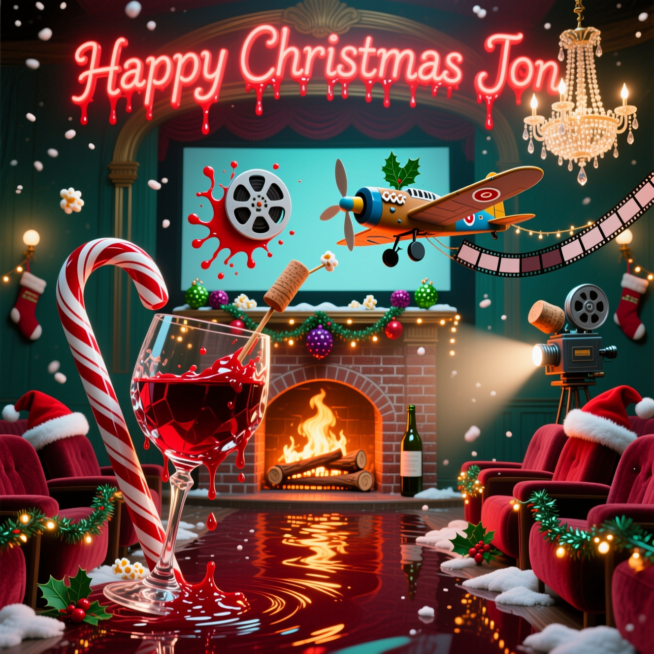 Red wine,fireplace,spitfire, cinema, and Christmas Card