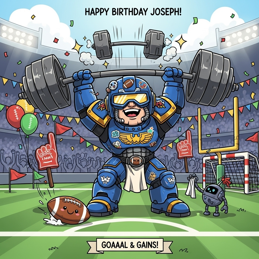 At the top of the Cartoon Style image, "Happy birthday Joseph!"

Playful Cartoon Style, cute chibi hero in Warhammer-inspired chunky power armor, exaggerated proportions, thick outlines, bright saturated colors, energetic pose. Center stage on a vibrant green football pitch with crisp white lines and a confetti-strewn stadium behind. The hero is a beaming strongman mid overhead press, lifting a massive barbell whose “plates” are two oversized stylized warhammers; chalk dust puffs, motion lines, and sparkly highlights sell the effort. Armor is bold cobalt blue with sunny gold trim, tiny birthday stickers and a football decal; big glossy eyes visible through the visor. Around him: a cheering cartoon crowd, pennant flags, balloons shaped like footballs, foam-finger hammers waving, and a festive goalpost wrapped in streamers. A cute smiling football bounces at his feet, and a tiny helper-bot offers a sweat towel. Low-angle 3/4 view for heroic scale; bold cel-shading, thick inked contours, punchy contrast, and a sunny stadium glow. Keep the vibe adorable, triumphant, and fun—no grim or gritty details.

At the bottom, on a small ribbon banner, add the playful caption: "Goaaal & gains!"
Generated with these themes: Warhammer, football, strongman, lifting weights, and .
Made with ❤️ by AI.