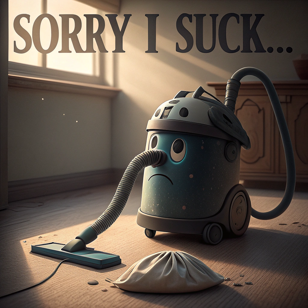 At the top of the image, "Sorry I suck...":

- In the center of the image, capture a photorealistic scene of a sad vacuum cleaner. Its faceplate resembles a melancholic face, complete with droopy "eyes" and a bent "mouth" hose. The vacuum is slightly tilted to one side, with a deflated bag next to it, as if it's leaning in exhaustion and defeat.

- The lighting is soft, casting a gentle shadow to highlight its weary demeanor, and the textures of the vacuum are detailed to show wear and tear, symbolizing its long, arduous journey through dust and crumbs.
Generated with these themes: A sad vacuum cleaner that looks defeated and done with life, and .
Made with ❤️ by AI.