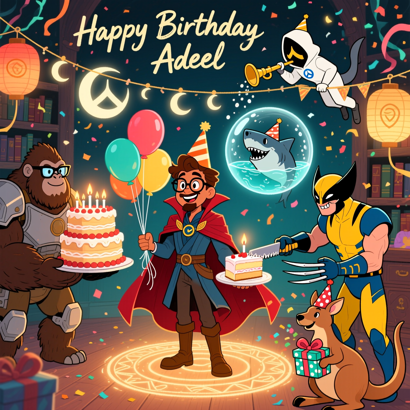 At the top of the Illustration Style image, Happy Birthday Adeel

Hand-drawn illustration with fine linework and textured brush strokes, balanced composition, warm expressive color palette (deep reds, mustard yellows, teal blues, creamy whites). Portrait, full-bleed.

Scene: In a party-decorated mystical study, Doctor Strange is the birthday boy — brown skin, glasses, tidy goatee — center stage on a softly glowing magic circle like a cake stand, wearing a cone party hat and grinning. His Cloak of Levitation playfully flutters, holding colorful balloons around him.

To the left, Winston from Overwatch (the bespectacled armored gorilla) carefully presents an absurdly tall birthday cake, swaying slightly but safe, candlelight reflecting in his lenses.

To the right, Wolverine (yellow-and-blue suit, mutton chops, adamantium claws) cheekily uses a single extended claw to slice the first piece of cake, concentrating with a mischievous smirk.

Above, Moon Knight (white hooded suit with crescent emblem) perches on a string of crescent-moon bunting, sprinkling shimmering crescent-shaped confetti that drifts through the warm light.

Foreground, a cheerful kangaroo in a polka-dot party hat offers a wrapped gift from its pouch, confetti puffing with each hop.

Background, a friendly shark pops out of a floating water bubble-portal, wearing a tiny party hat and blowing a party horn, droplets twinkling like stars. Streamers, balloons, paper lanterns, and gentle mystical runes fill the space. Lively, humorous energy; expressive faces; soft shadows and painterly textures; paper grain visible; clear focal point on the birthday boy; ample breathing room around the top text.

At the bottom in small hand-lettered text: The party where the claws, the moons, and the jaws drop!
Generated with these themes: Dr Strange as birthday boy (brown skin with glasses), Overwatch winton , Moonknight marvel , Wolverine marvel , Kangaroo , Shark, and .
Made with ❤️ by AI.